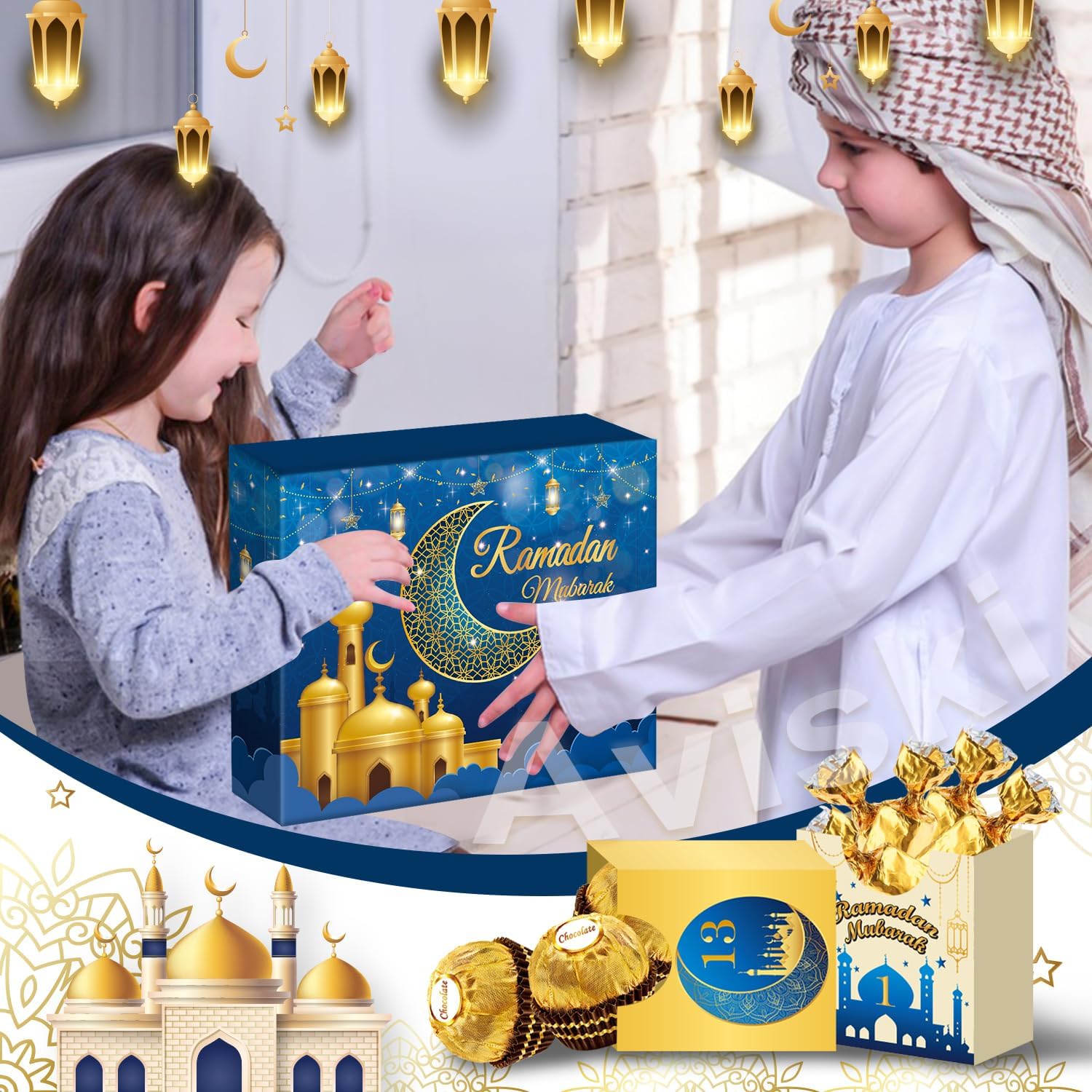 Ramadan Advent Calendar with Drawers, 30 Empty Boxes for 30 days, Eid Mubarak Coutdown Calendar Fillable Ramadan Gift Box, Islamic Art, Cardboard Number Storage Box, Ramazan Party Supplies - Blue
