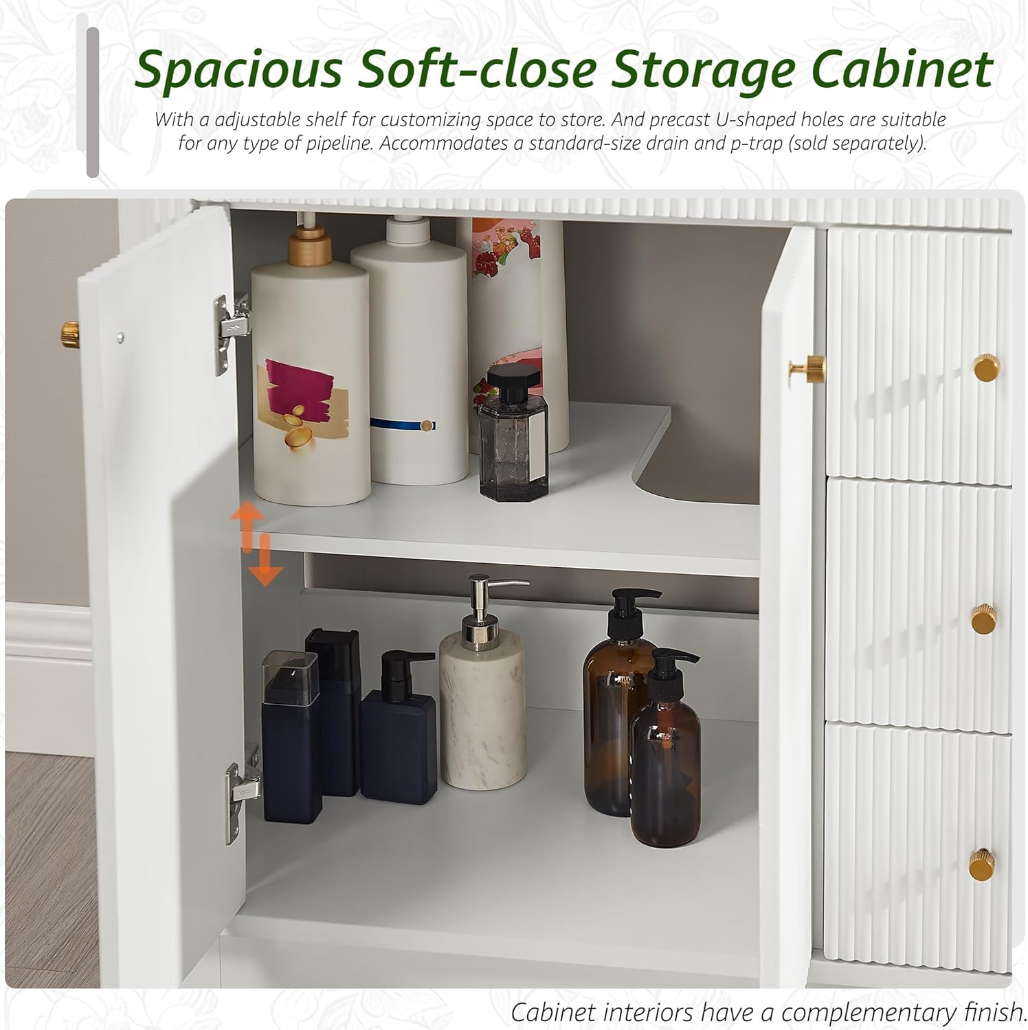 T4TREAM 36 Inch Bathroom Vanity with Sink, Modern Fluted Single Bathroom Vanity with Sink with Storage Cabinet, Adjustable Shelf and 3 Small Drawers, Solid White