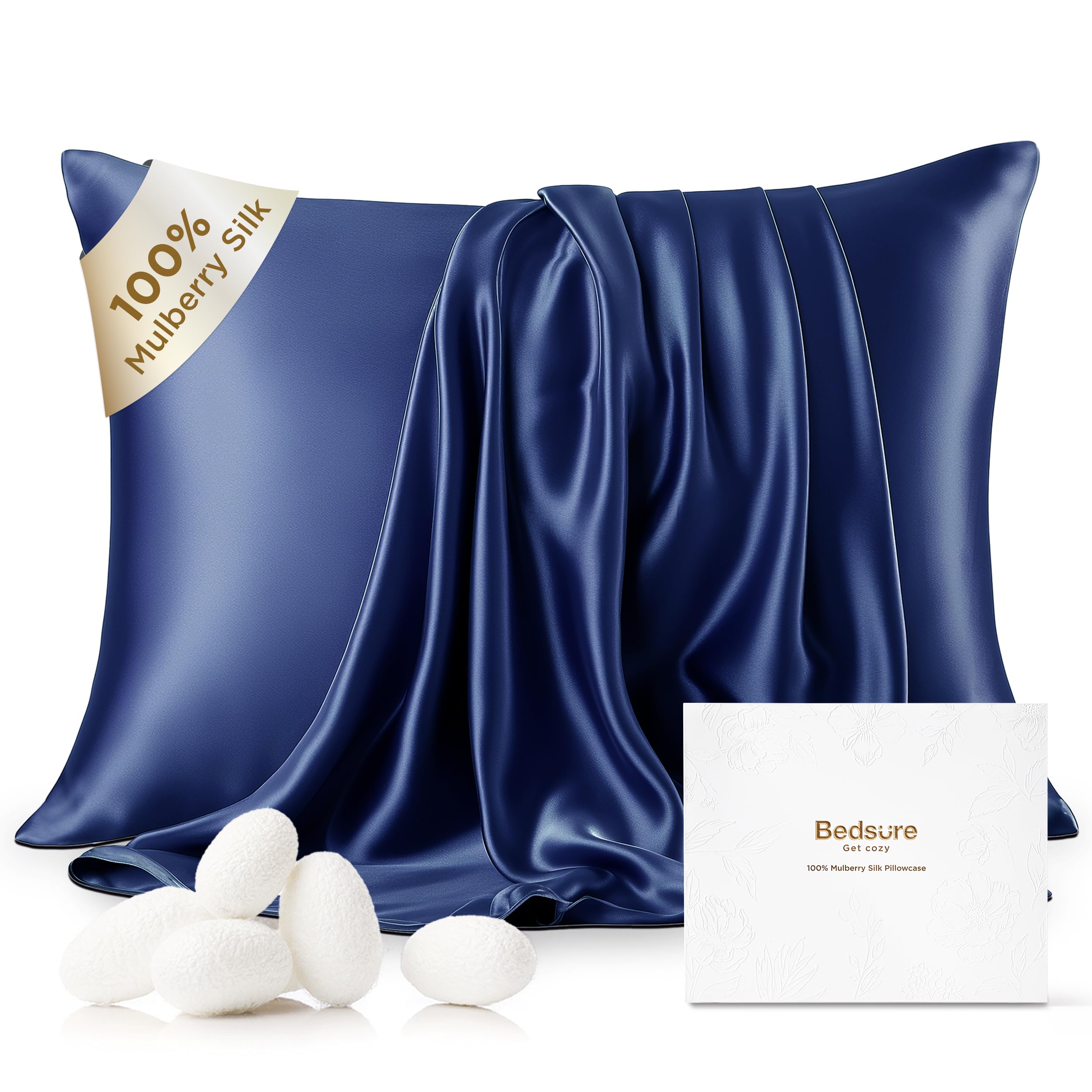 Bedsure 100% Mulberry Silk Pillowcase for Hair and Skin, Navy Blue Silk Pillow Case with Hidden Zipper, Gifts for Men, Standard Size,20x26 Inches