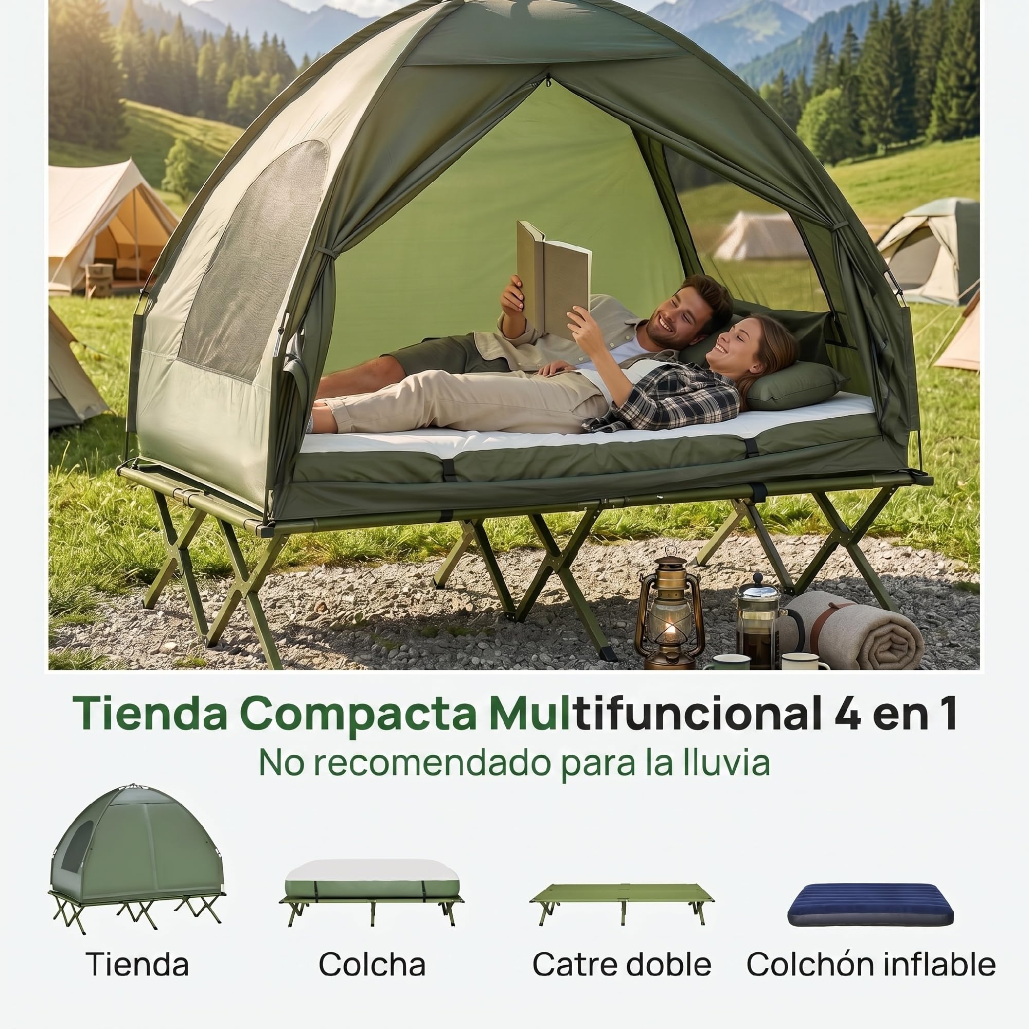 Outsunny Cama Doble de Camping Plegable con Tienda de Campaña 4 en 1 Cama de Campamento Elevada con Colchón Hinchable y Bolsa de Transporte de Tela Oxford 600D Acero 193x145x180 cm Verde