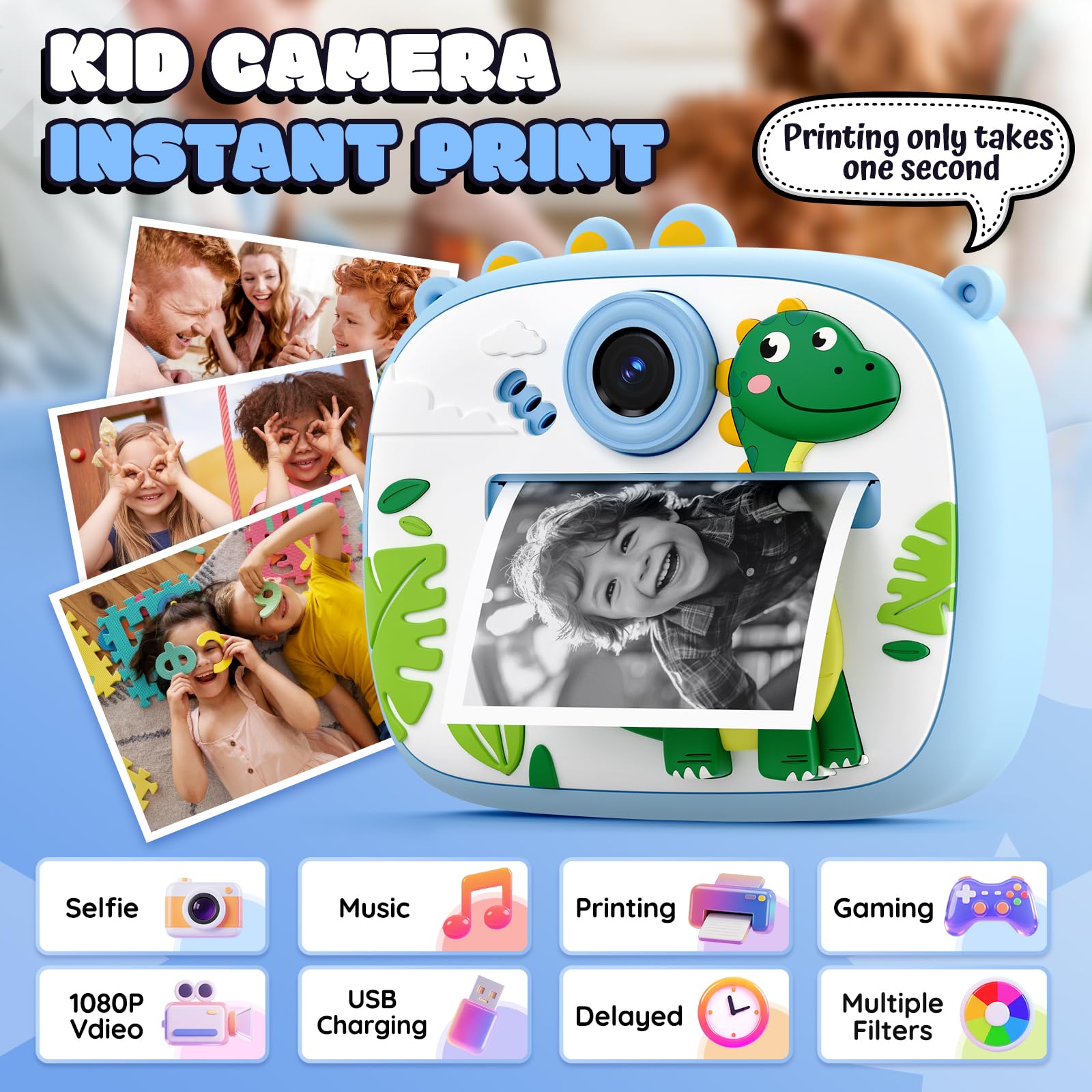 YOZISS Macchina Fotografica Bambini Istantanea, 1080P macchina fotografica istantanea bambini con 3 Rotoli di Carta da Stampa, Regalo per Bambini dai 3 a 14(Dinosauro Blu)