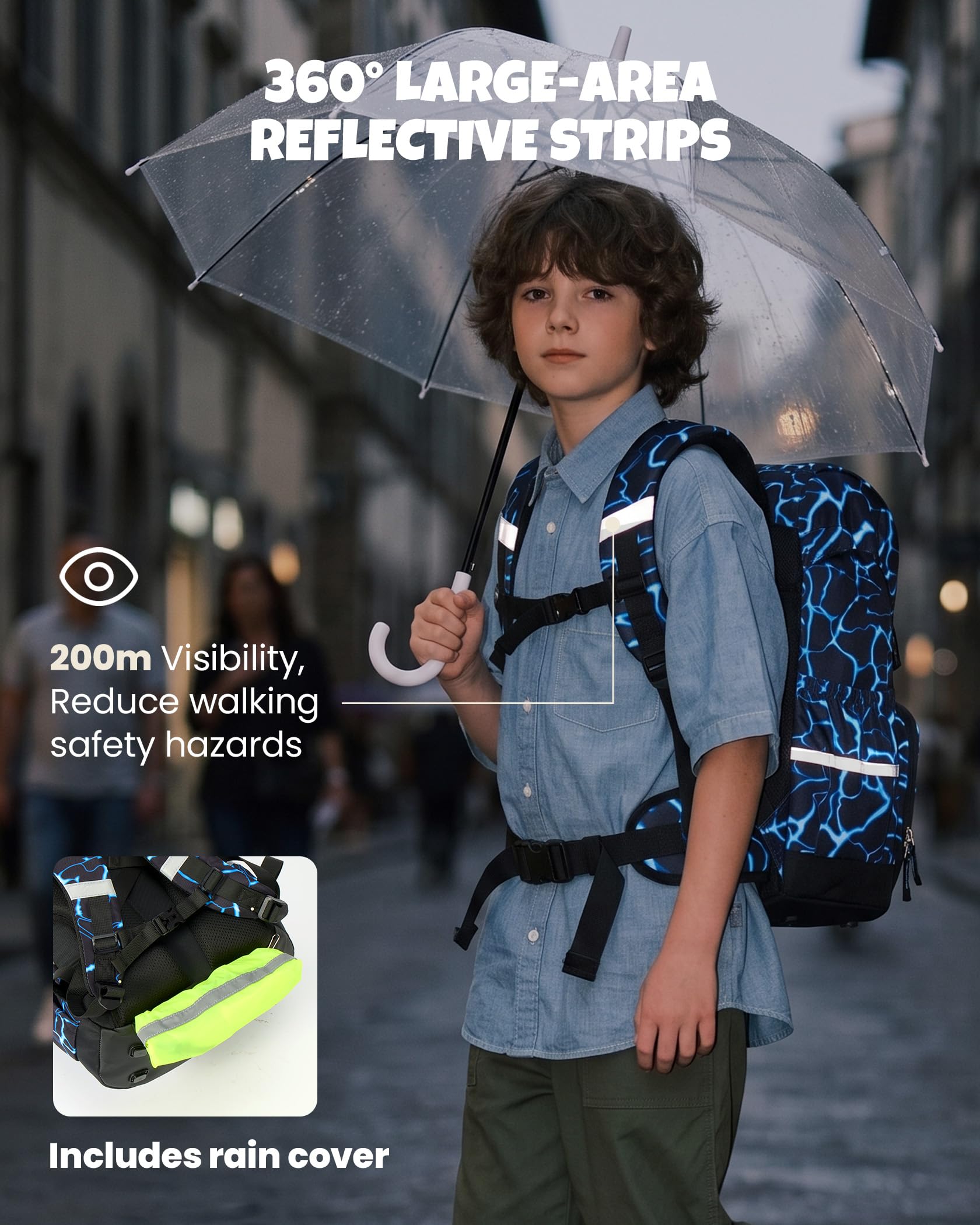 Amythe Ergo Zaino Ragazzo per 1ª-5ª Elementare, Spallacci Rimovibili | Zaino Bambino Ergonomico con Fascia Toracica, Strisce Riflettenti e Copertura antipioggia, Scuola e Attività all’aperto