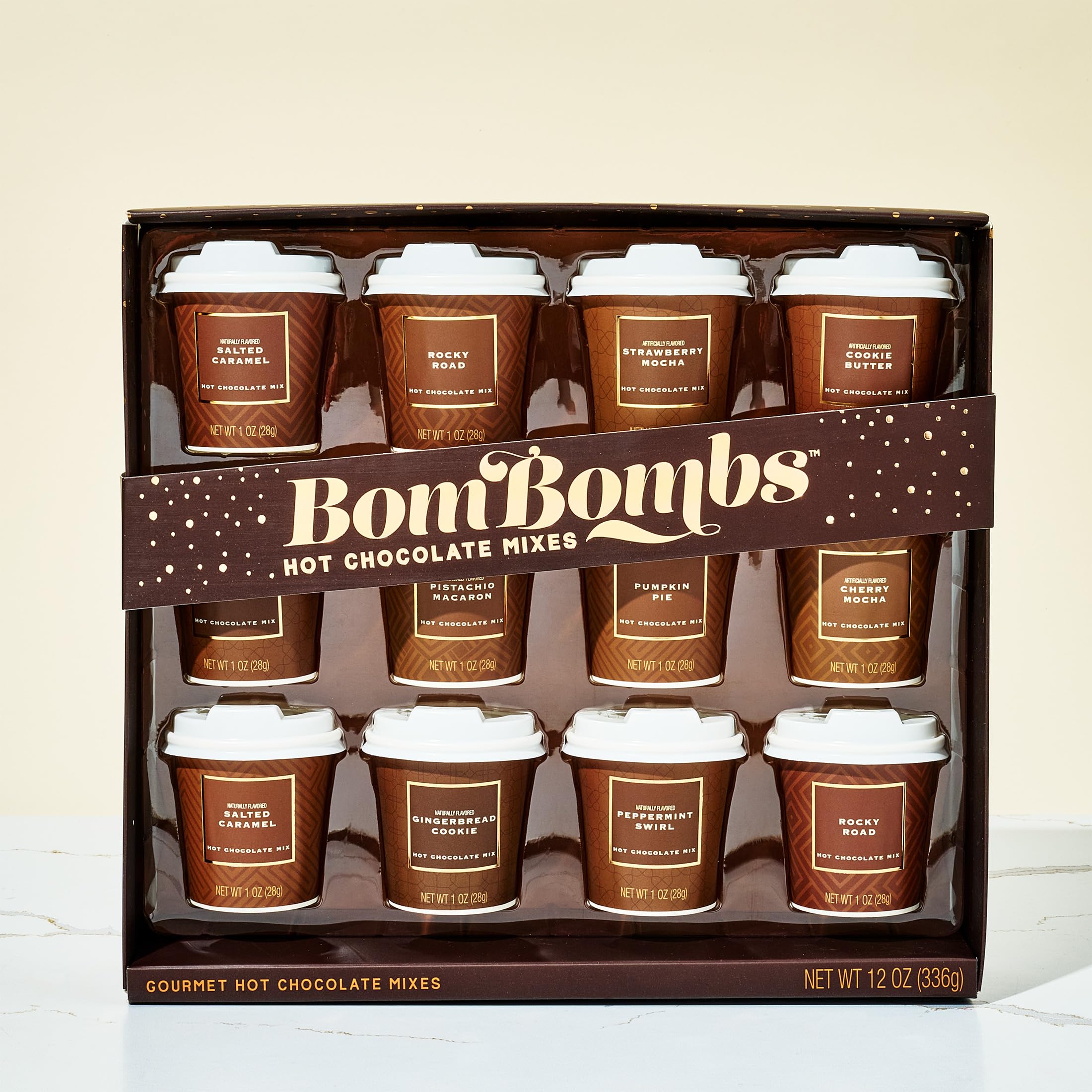 Set regalo di mini cioccolata calda BomBombs in confezione marrone esclusiva, i gusti dessert includono Rocky Road, Cookie Butter, Pumpkin Pie e altro, set da 12