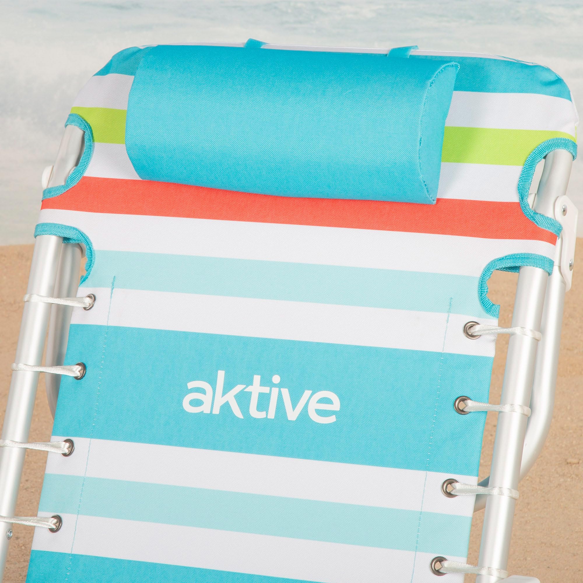 AKTIVE Silla de Playa Plegable, Multicolor, 50x53x77 cm, 5 Posiciones, Aluminio y poliéster, Soporta 110 kg, Bolsillo Lateral y Trasero, Nevera Trasera, Cojín, Transporte Mochila (62544)