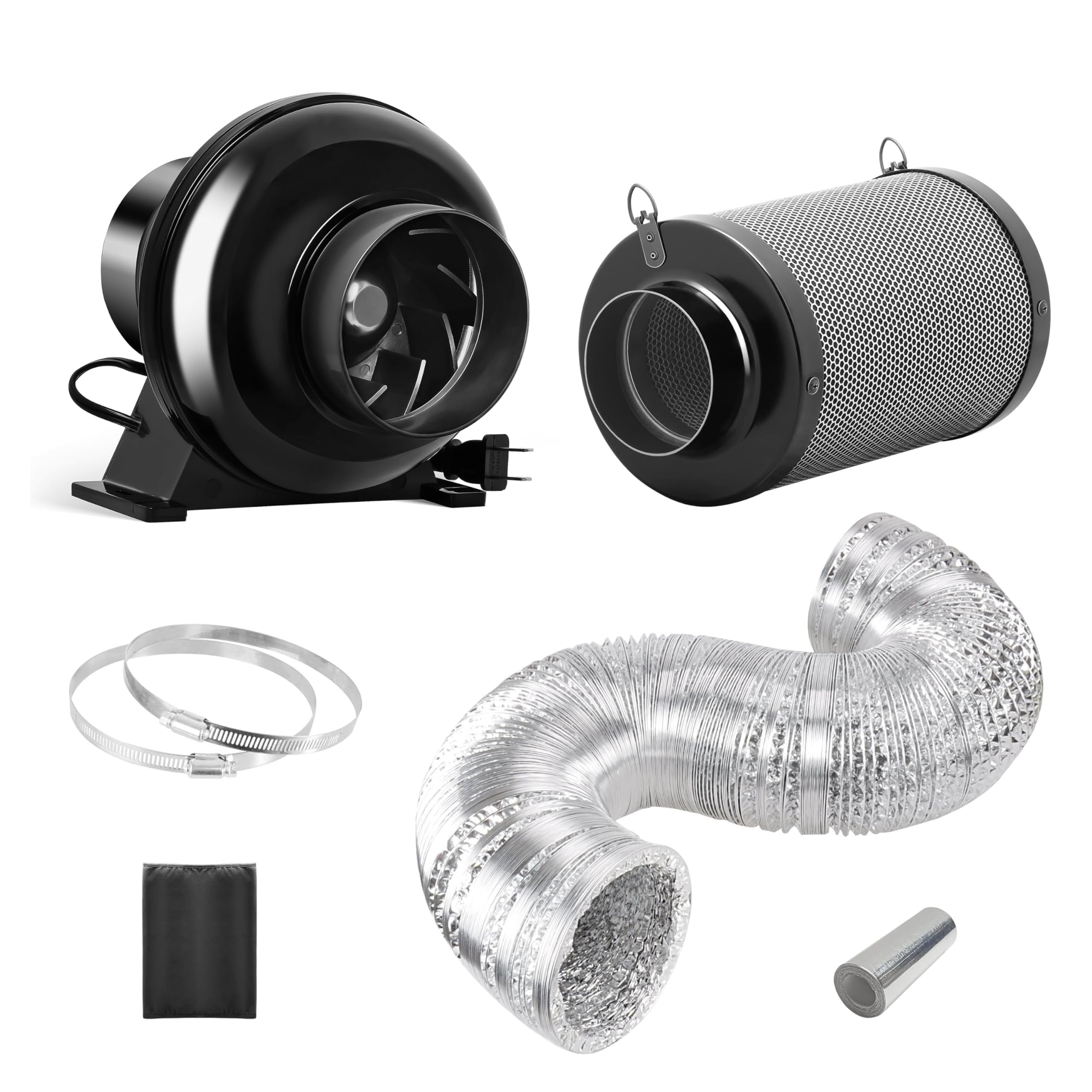 healsmart 4 inch 195 cfm exhaust inline duct fan vent booster blower upgrade carbon filter and 8 feet flex air aluminum foil with 2 clamps for indoor grow tent hydroponics ventilation, quiet