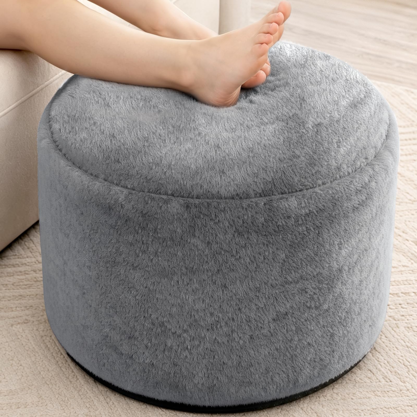 WSOFRLAC Round Pouf Ottoman, Gray Foot Stool, 20 x 15 Inch