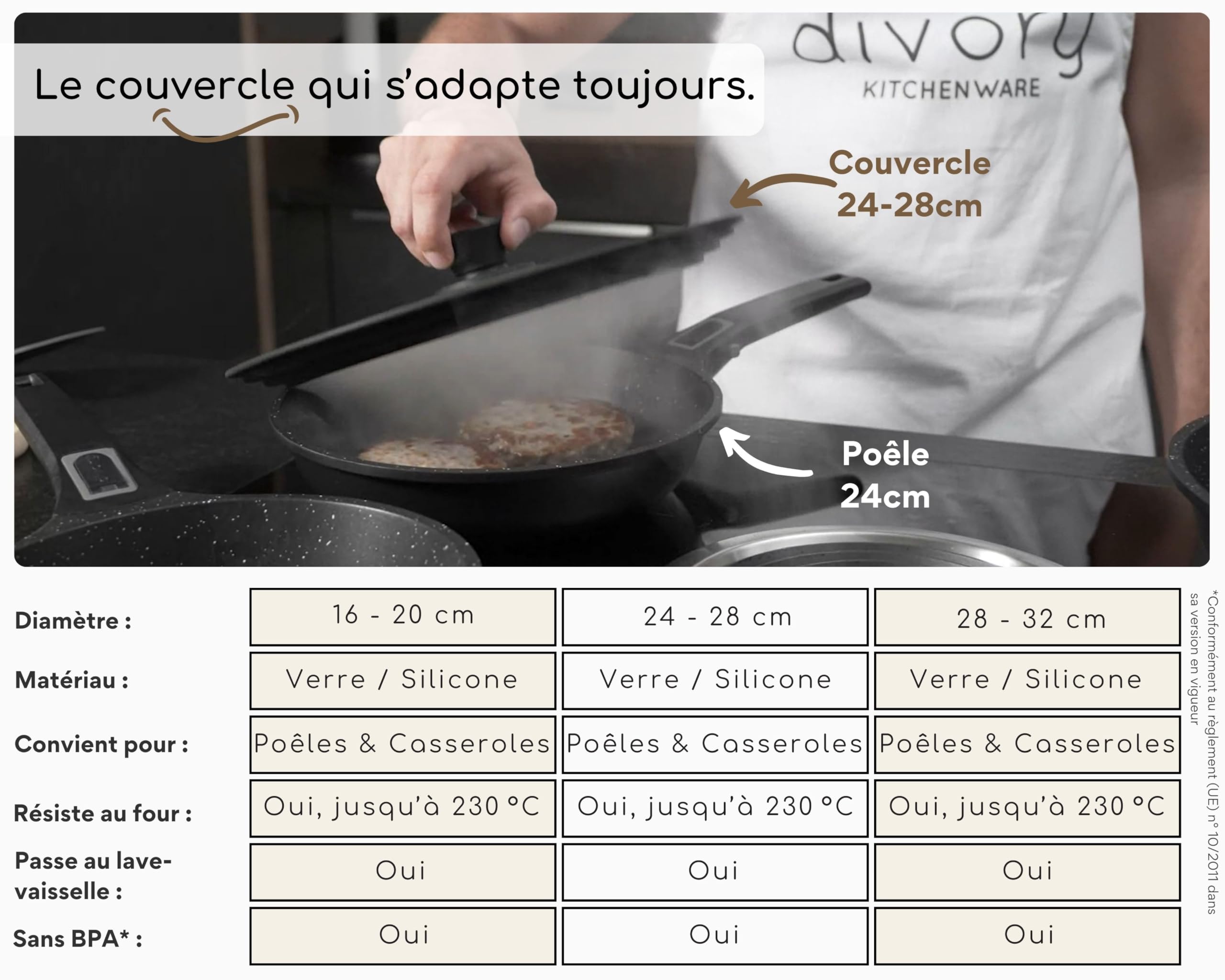 DIVORY Ø 24, 26, 28 cm Couvercle Universel - couvercle pour casserole et poele - couvercles pour casseroles et poêles - Silicona para ahorrar espacio