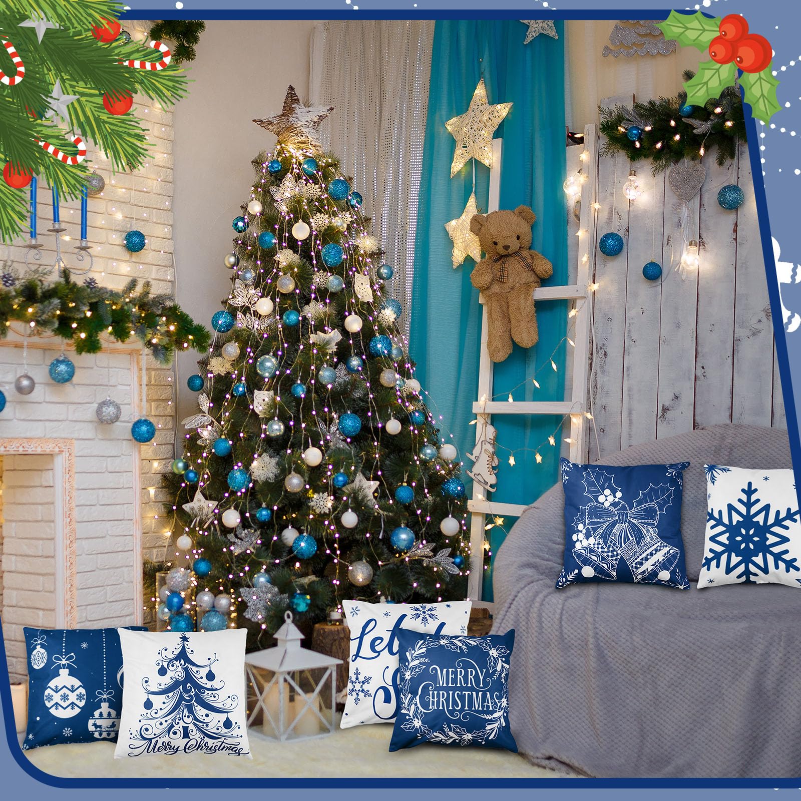 Tatuo 6 Pcs Housses de Coussin de Noël Taies d'oreiller Joyeux Noël Housses d'oreiller en Peluche pour Décoration Hiver Vacances Canapé Sofa Bureau Chambre (Bleu, 20 x 20 Pouces)