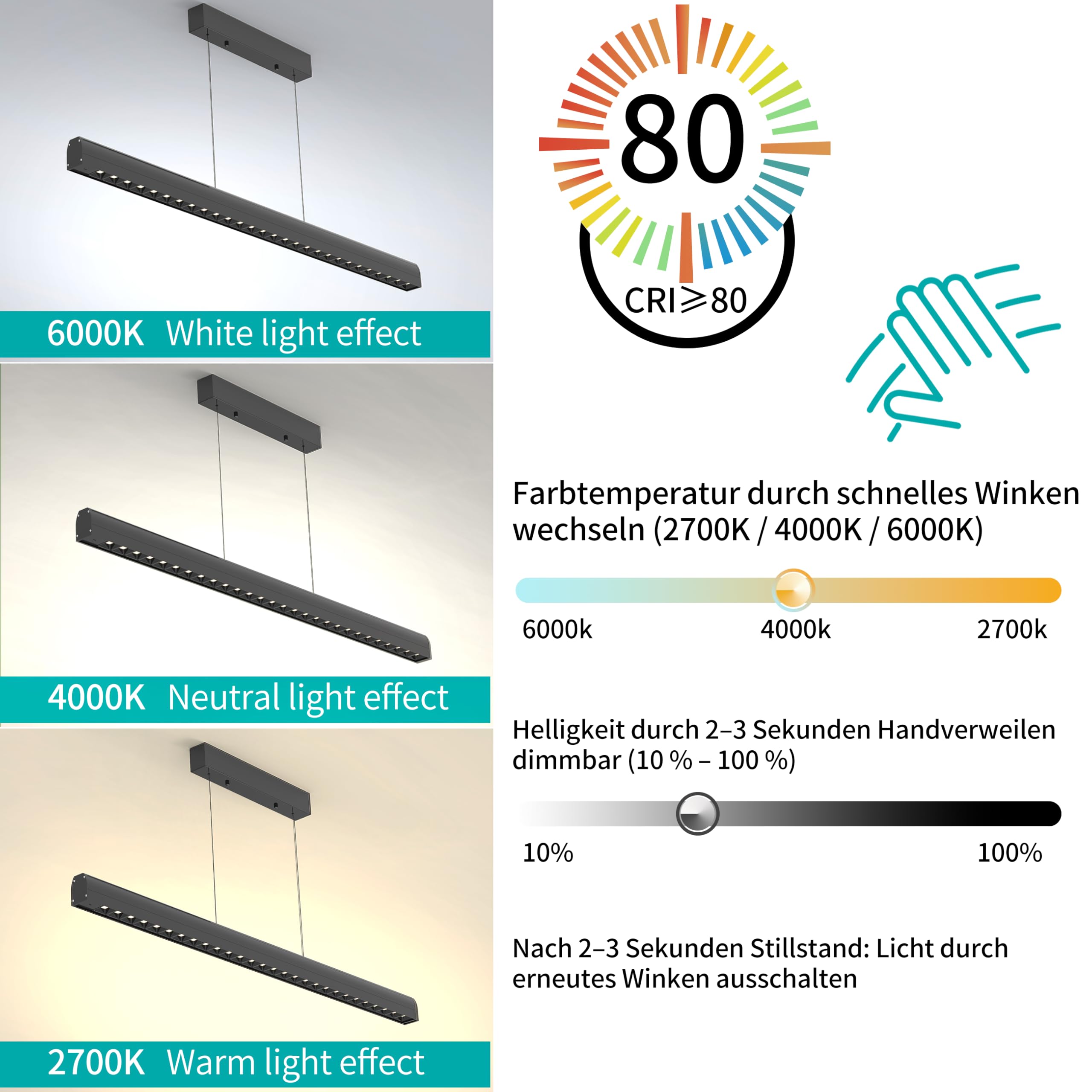 Pendelleuchte Esstisch 120cm, dimmbare Hängelampe mit Gestensteuerung, 10–100% Helligkeit & 3000K/4500K/6500K Farbtemperatur einstellbar, moderne Esstischlampe für Esszimmer, Büro