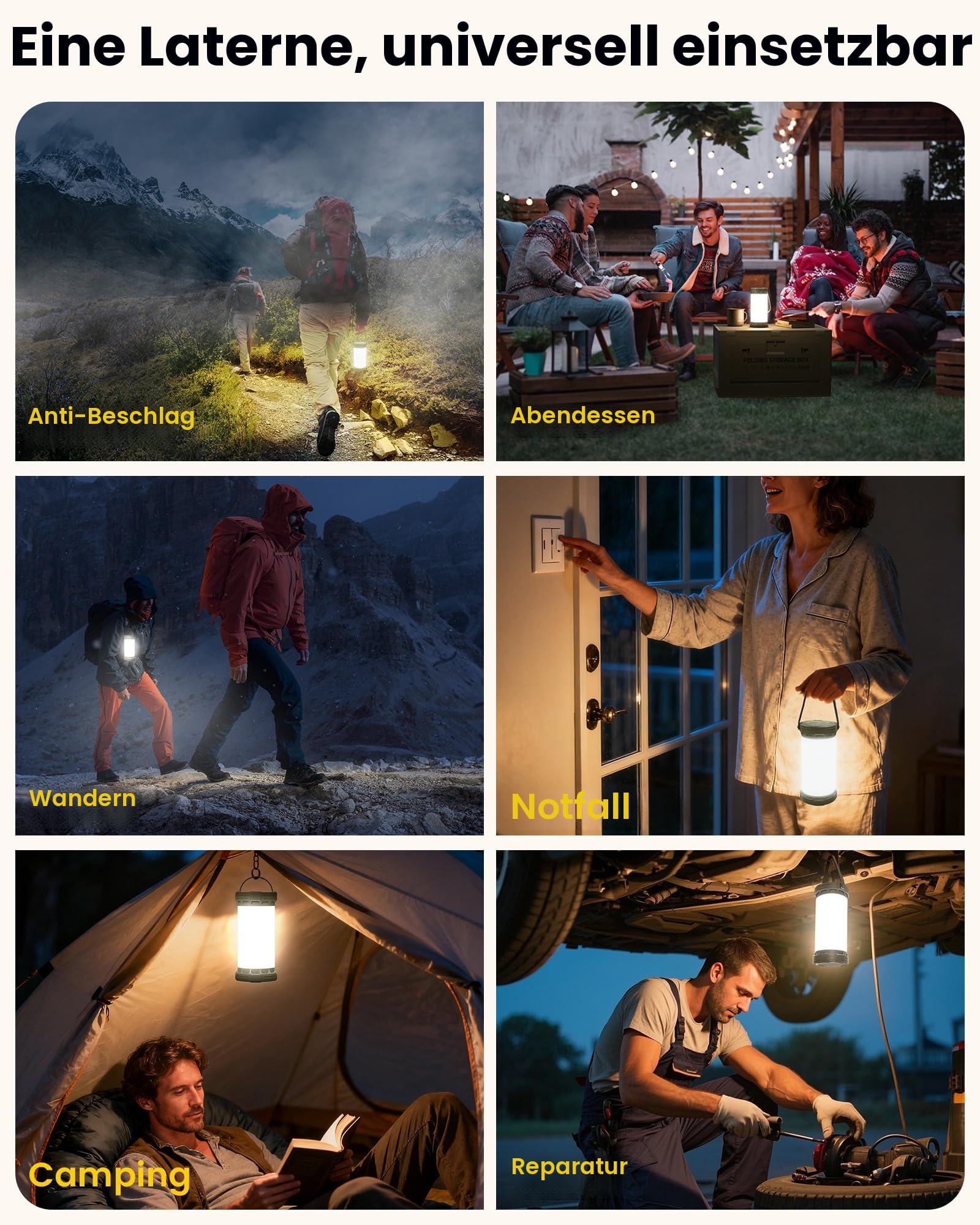 Glocusent Campinglampe & Zeltlampe:1500 lm Campinglicht 135 LED, 200 Stunden, 5000 mAh mit 3 Farben und 5 Helligkeitsstufen, SOS, wiederaufladbare Laterne für Stromausfälle, Camping, Wandern, Notfälle