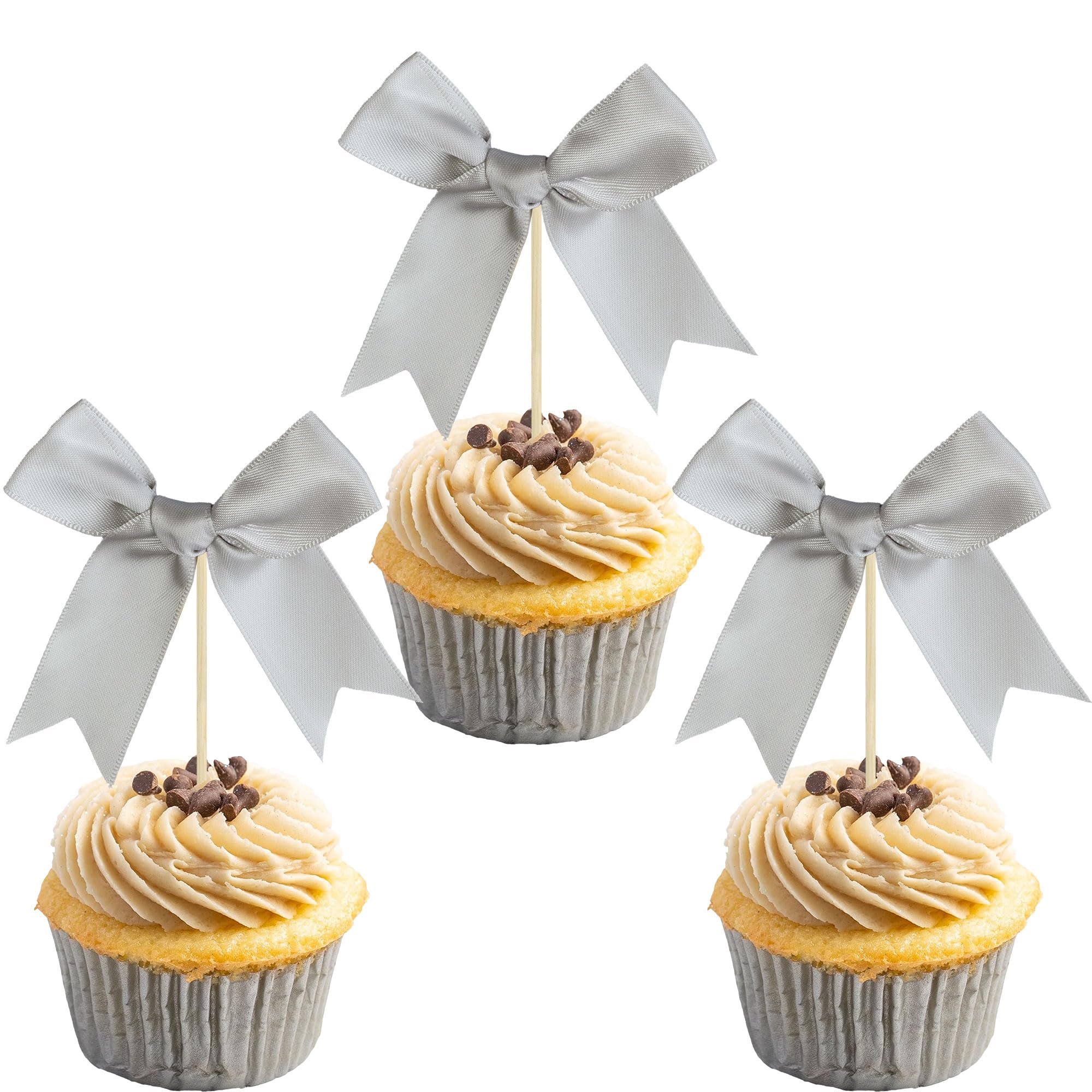 Gyfise 24Pcs Bow Cupcake Toppers Bowknot Coquette Bow Girls Birthday Cake Decorations Bowknot Cupcake Picks for Baby Shower Birthday Wedding Bridal Engagement Party Supplies Silver