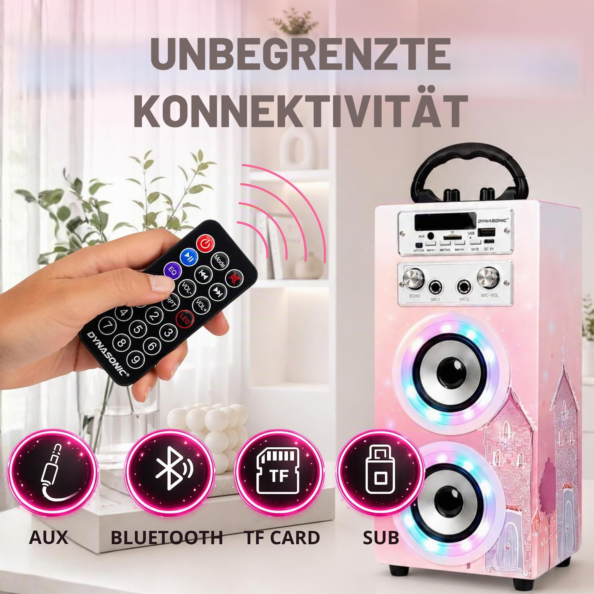 DYNASONIC Karaoke mit 2 Mikrofonen, tragbarer Karaoke-Maschine, Bluetooth-Lautsprecher, USB- und SD-Kartenleser, Lichter, Geschenk für Kinder von 5 bis 13 Jahren (Model 19)