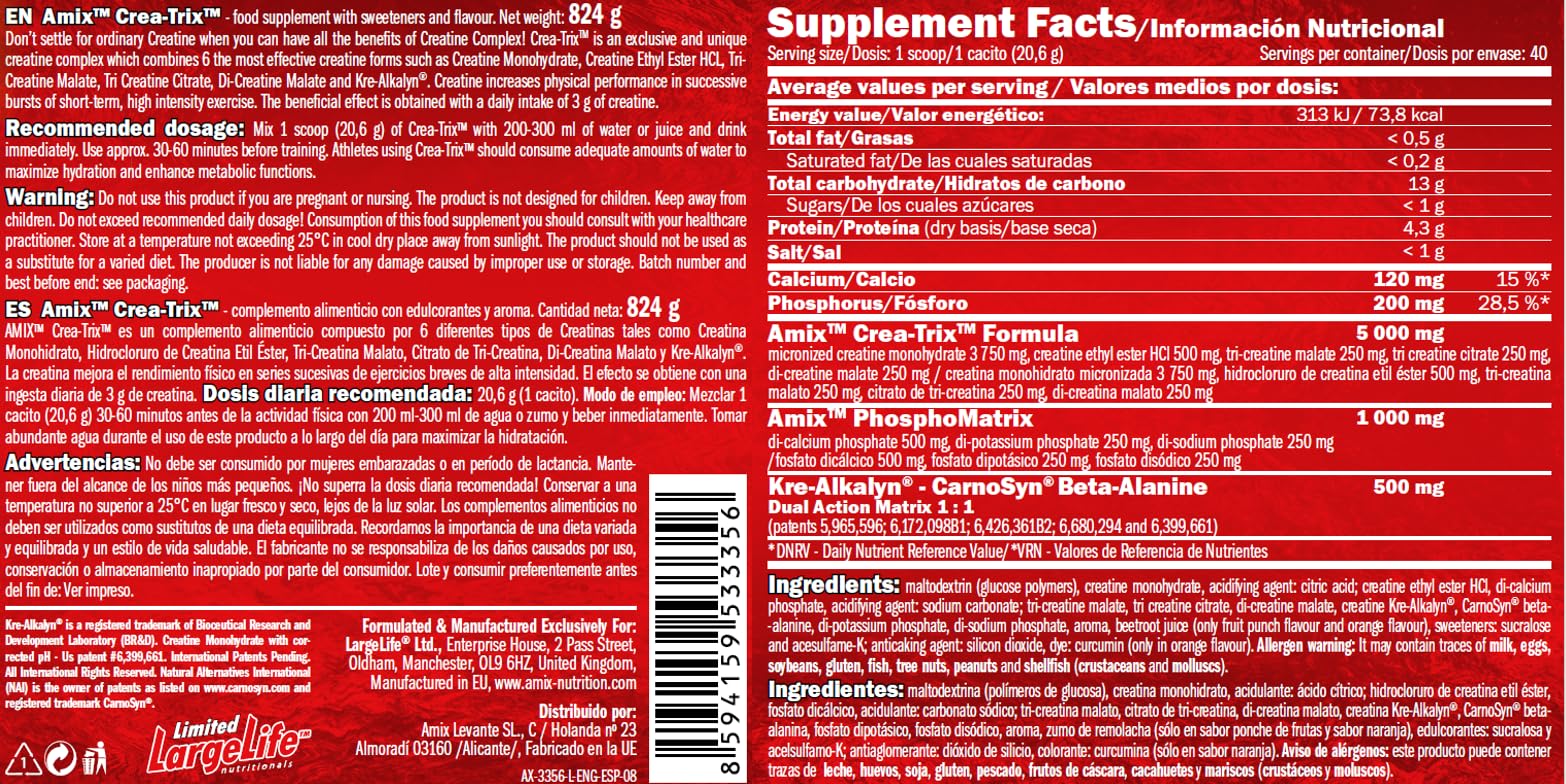 Amix - Crea-Trix - Suplemento Alimenticio - Aumenta la Resistencia y Fuerza - De Fácil Digestión - Hidratación Celular Completa - Nutrición Deportiva - Contiene 824 gr