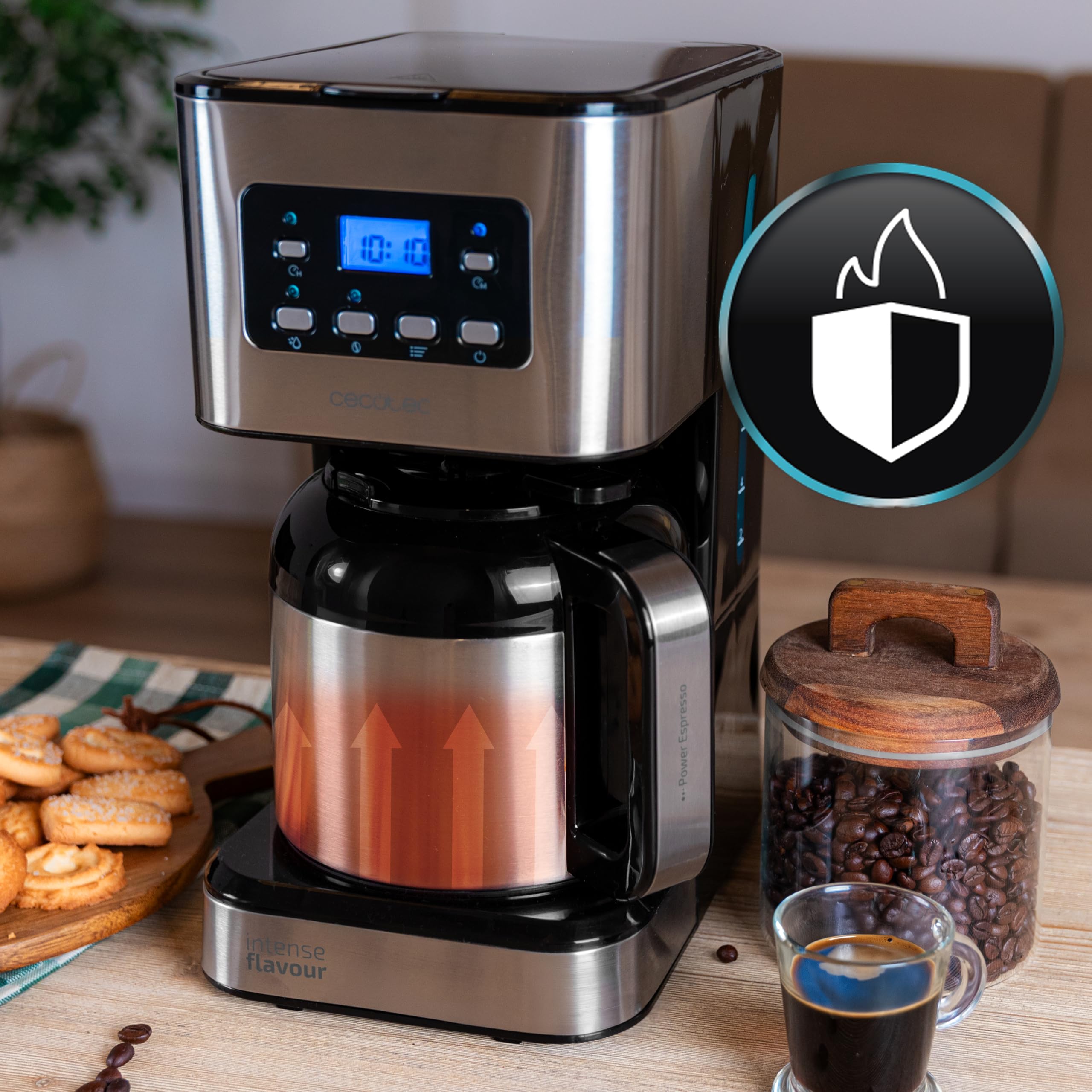 Cecotec Coffee 66 Drop & Thermo Time ekspres do kawy, 950 W, 1,2 l, 10 filiżanek, wyświetlacz LCD, minutnik 24h, system zapobiegający kapaniu, zabezpieczenie przed przegrzaniem, 6 przełączników