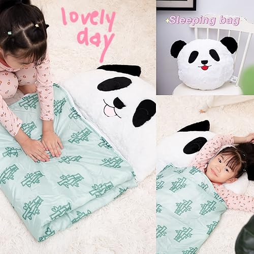Vista 2 de Panda Kids Sleeping Bag with Pillow, Animal Sleeping Bag, Machine Washable, Perfect for Camping, Travel, Sleepovers & Indoor Play, Slumber Bags for