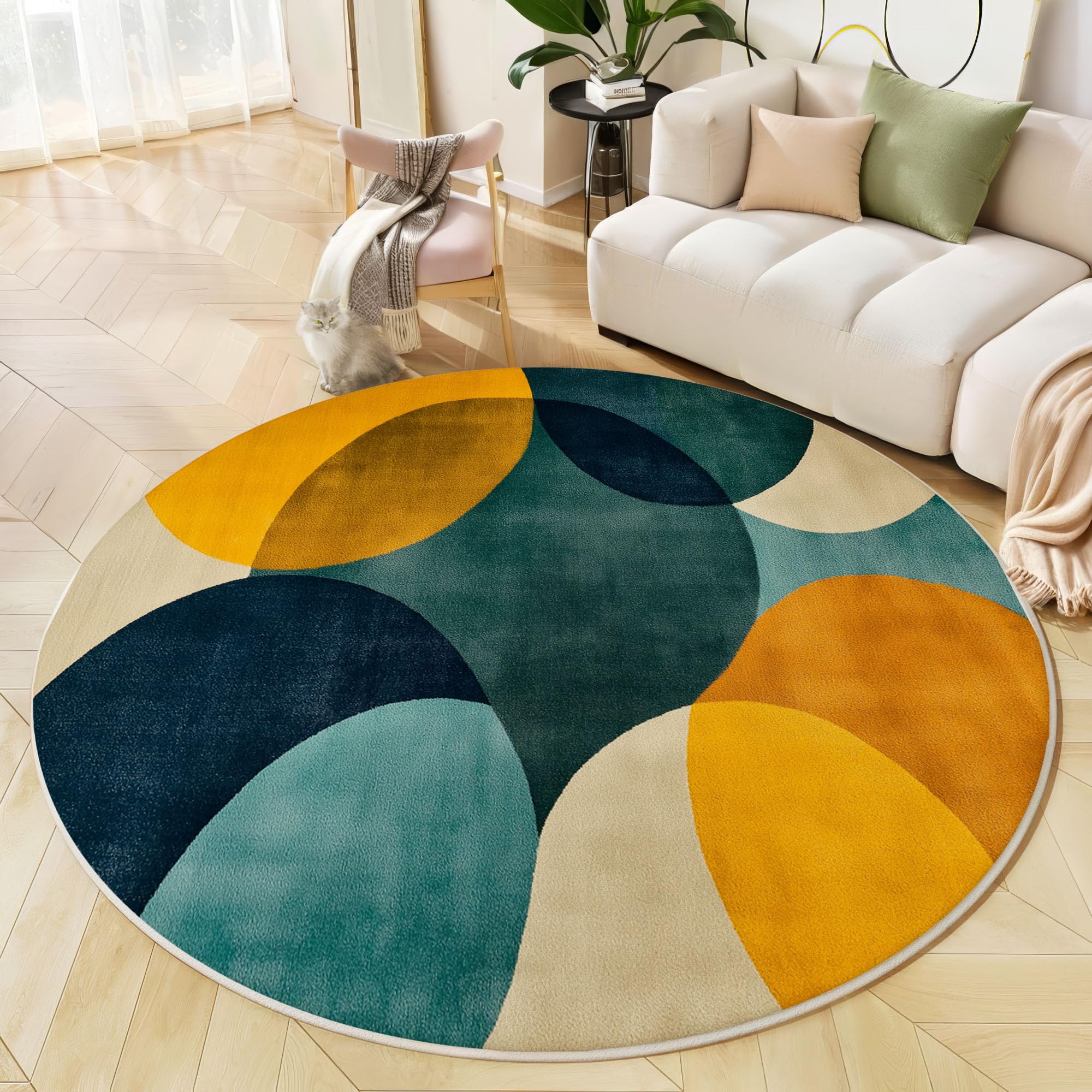 Modernismus Teppich Rund 100cm rutschfest Teppiche Wohnzimmer Geometrische Kreise Waschbar Teppiche Kurzflor Weich Runder Teppich Senfgelb for Wohnzimmer Schlafzimmer Studie Esszimmer