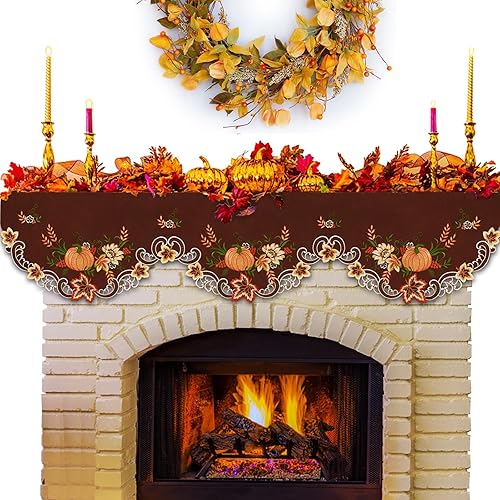 Miniatura 9 de Simhomsen Caminos de mesa bordados marrones de cosecha de Acción de Gracias para decoraciones de otoño u otoño (14 x 69 pulgadas)