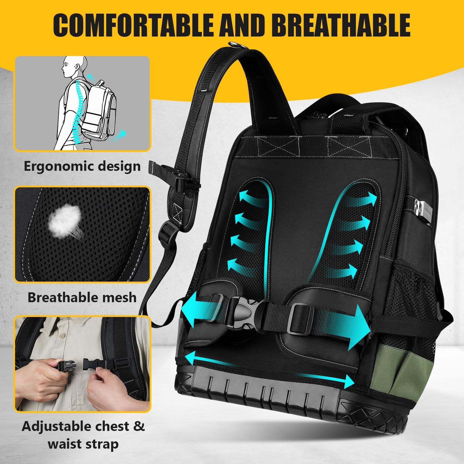 UUP - Mochila de herramientas resistente, organizador grande de bolsas de herramientas vacías con parte inferior dura moldeada impermeable, mochila de almacenamiento para laptop, para técnicos de HVAC