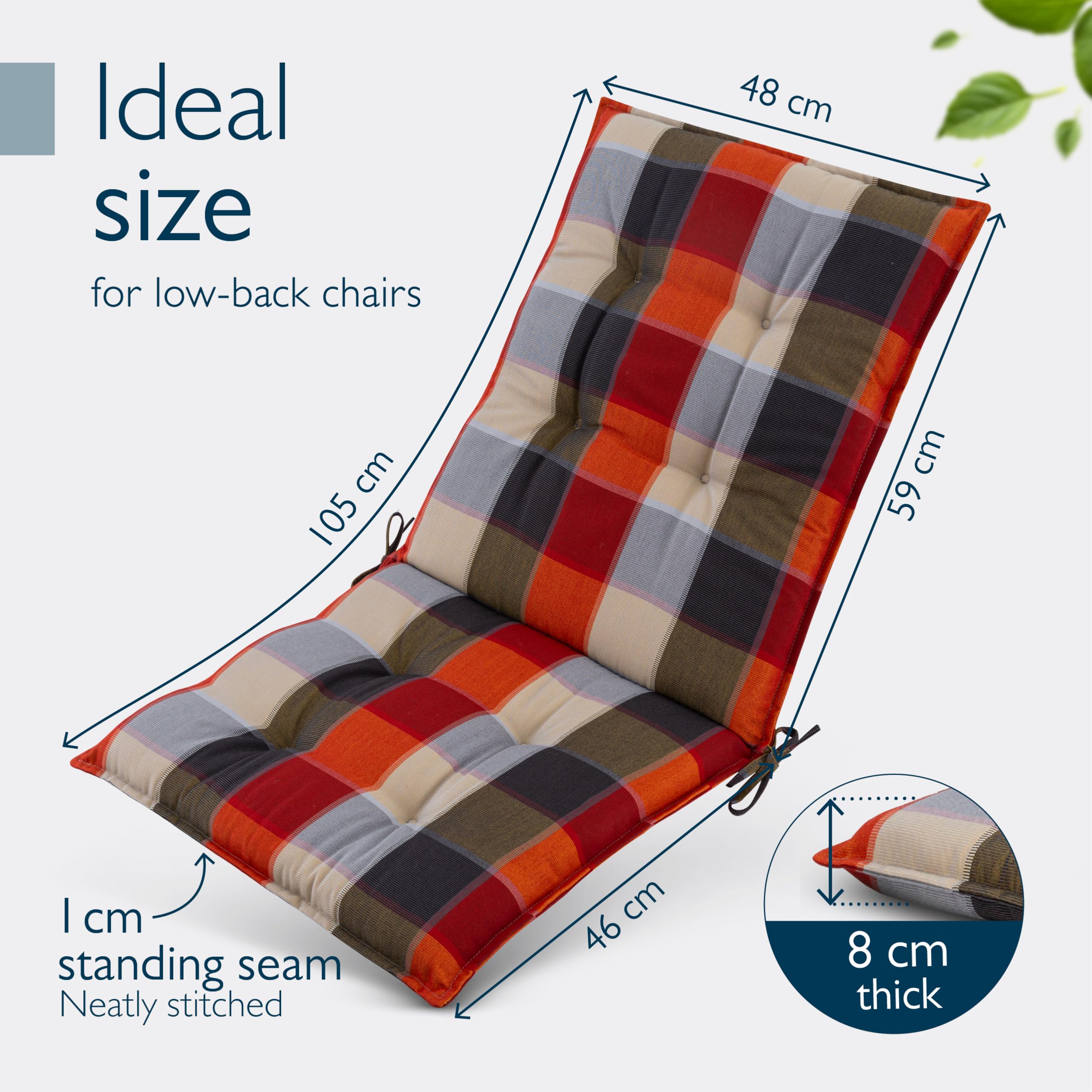 Beautissu Set of 6 Premium Outdoor Chair Cushion Low Back with Non-Slip, Orange Beige Chequered, 6 Cushions - Image 3