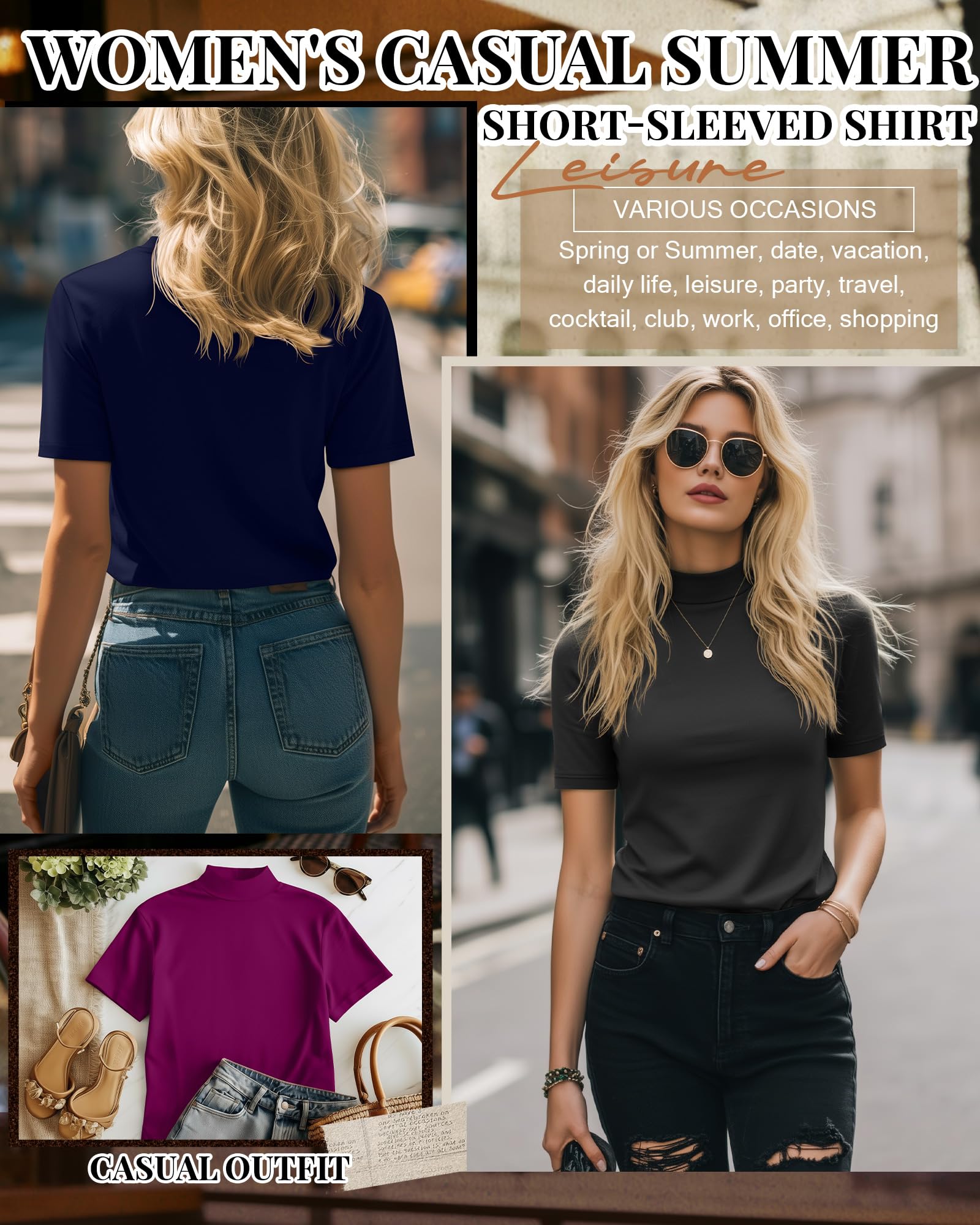 Ficerd - Confezione da 3 Magliette da Donna a Collo Alto, a Maniche Corte, Aderenti, Eleganti e Casual, Ideali per L'Estate