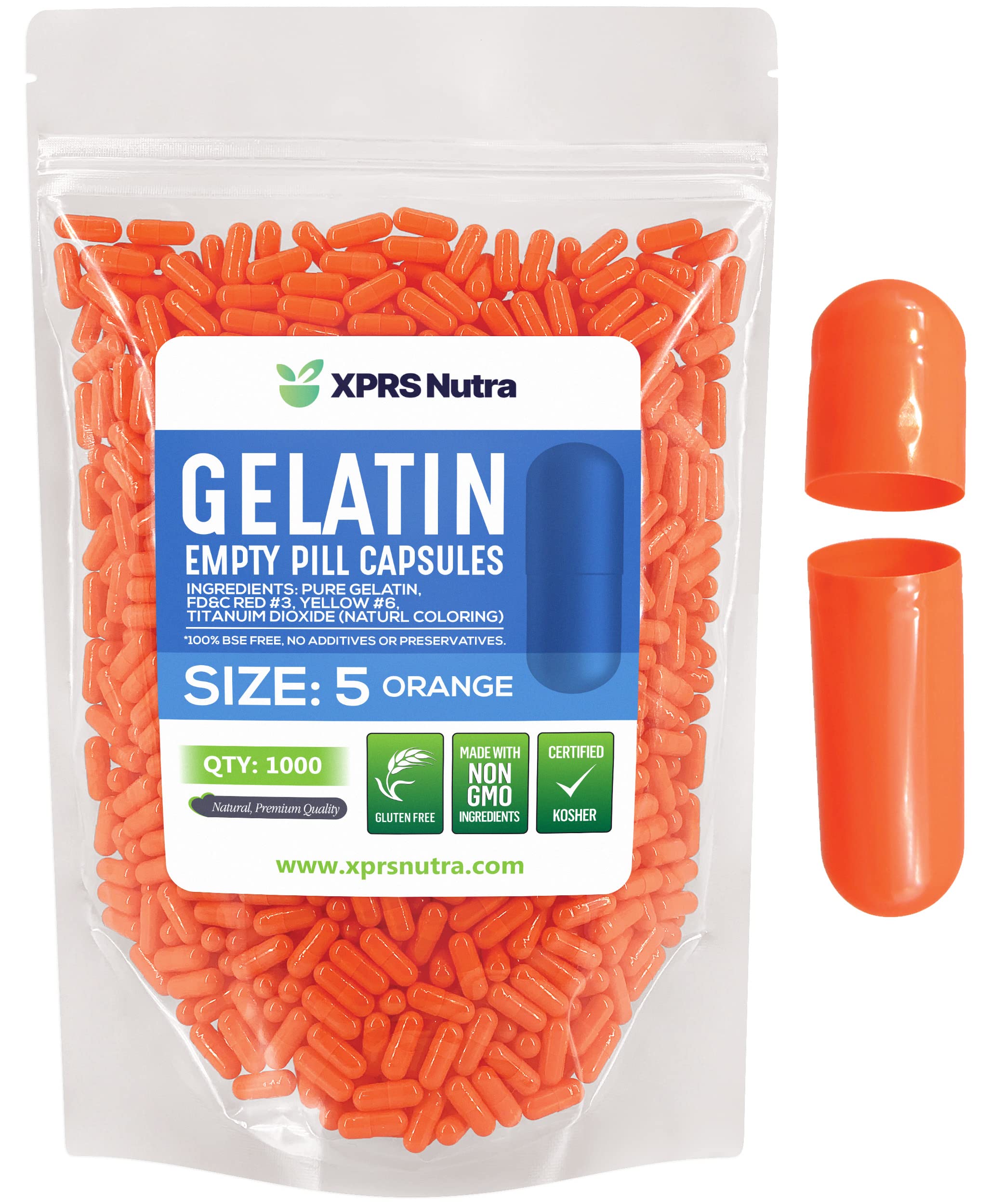XPRS Nutra Size 5 Empty Capsules - 1000 Count Very Small Empty Gelatin Capsules - Pills DIY Capsule Filling - Fillable Pill Gel Caps for Do-It-Yourself Vitamin Supplements (Orange)