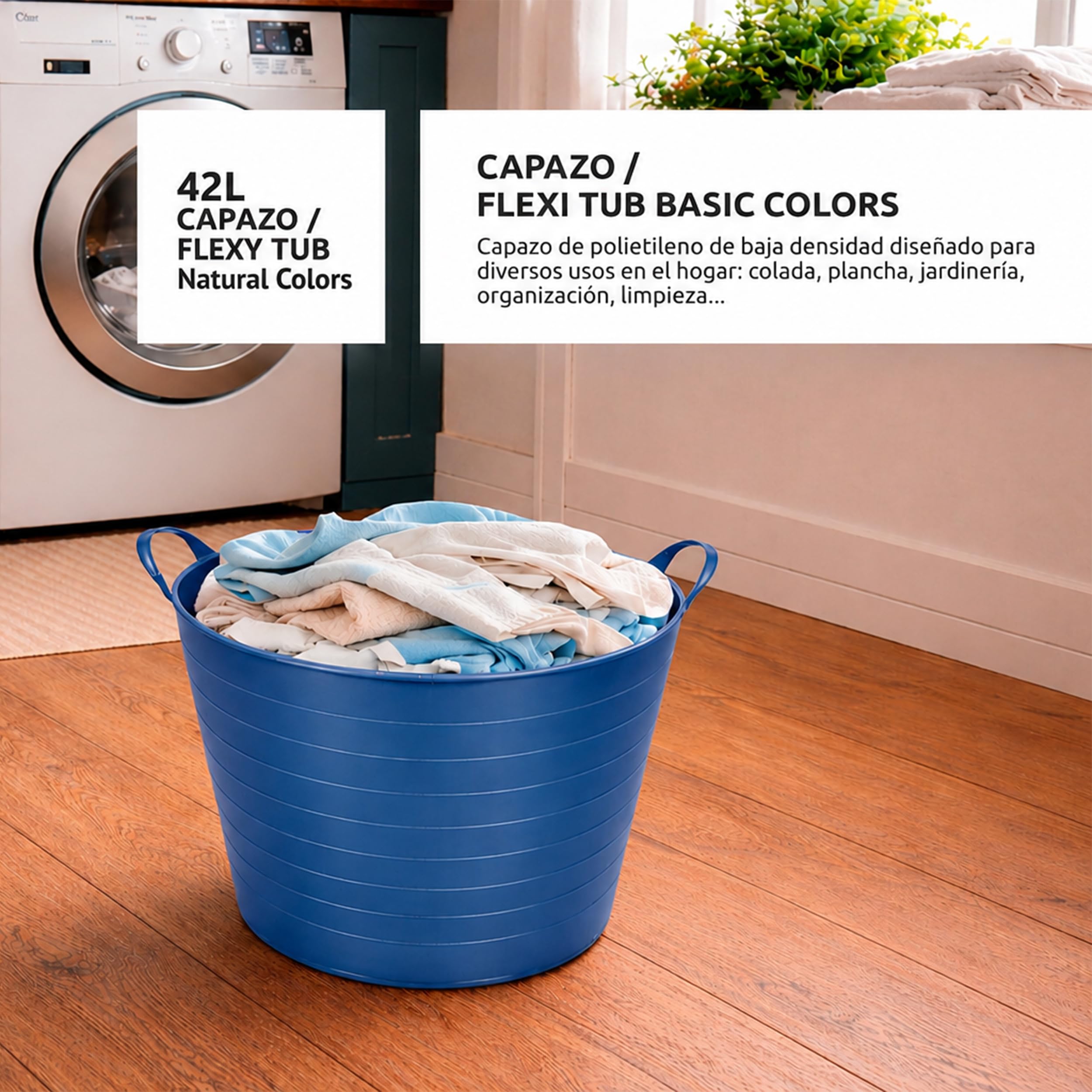 Pamex - Capazo Flexible 42L Azul, Caja de 12 Unidades, Capazo Multiusos con Asas, Polietileno de Baja Densidad, Ligero y Resistente, para Hogar, Jardín y Almacenaje