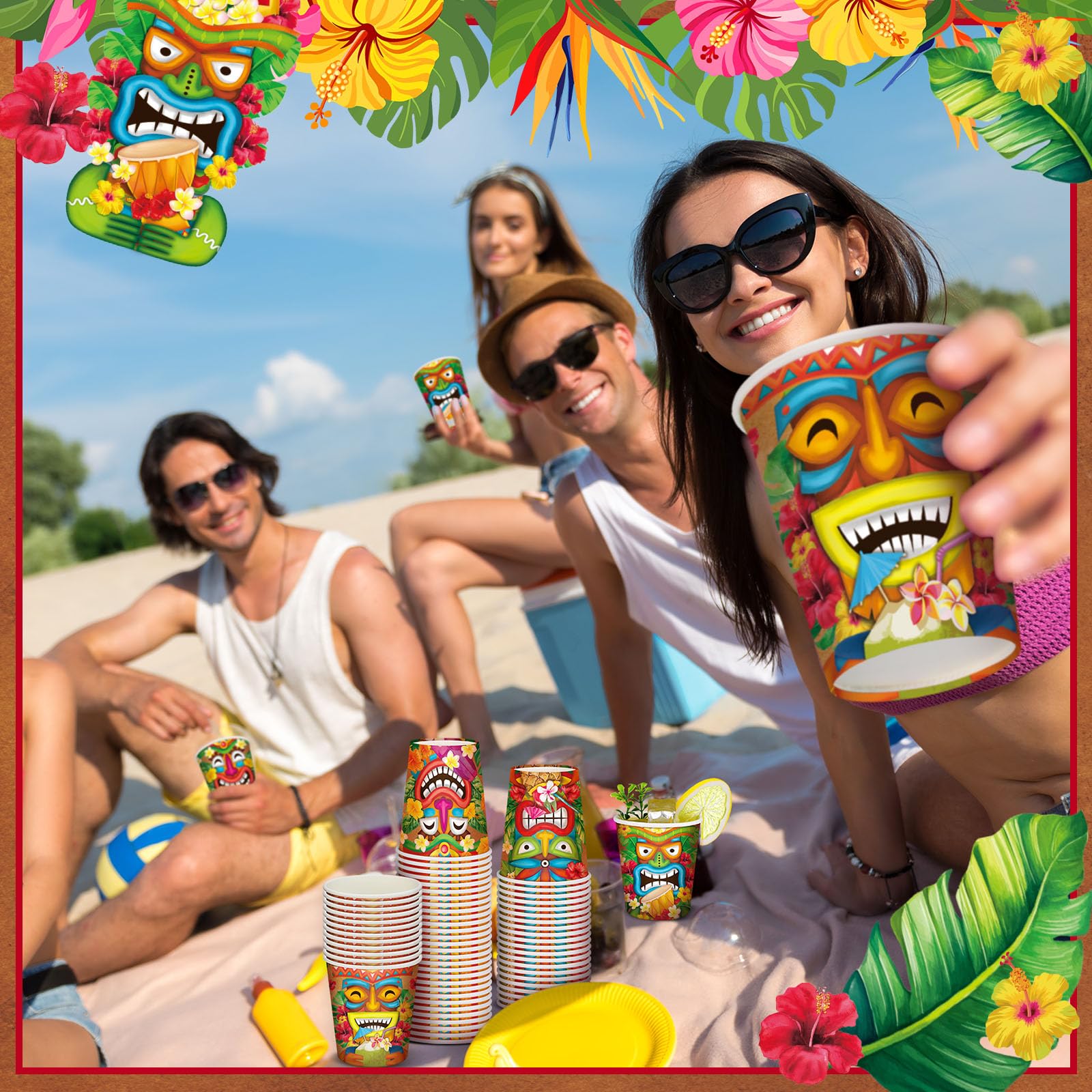 Yungyan 100 vasos de papel Luau desechables de 9 onzas, vasos de papel hawaianos Tiki tropical, Aloha Luau, decoraciones de fiesta de verano para verano, Tiki, playa, piscina, suministros de fiesta