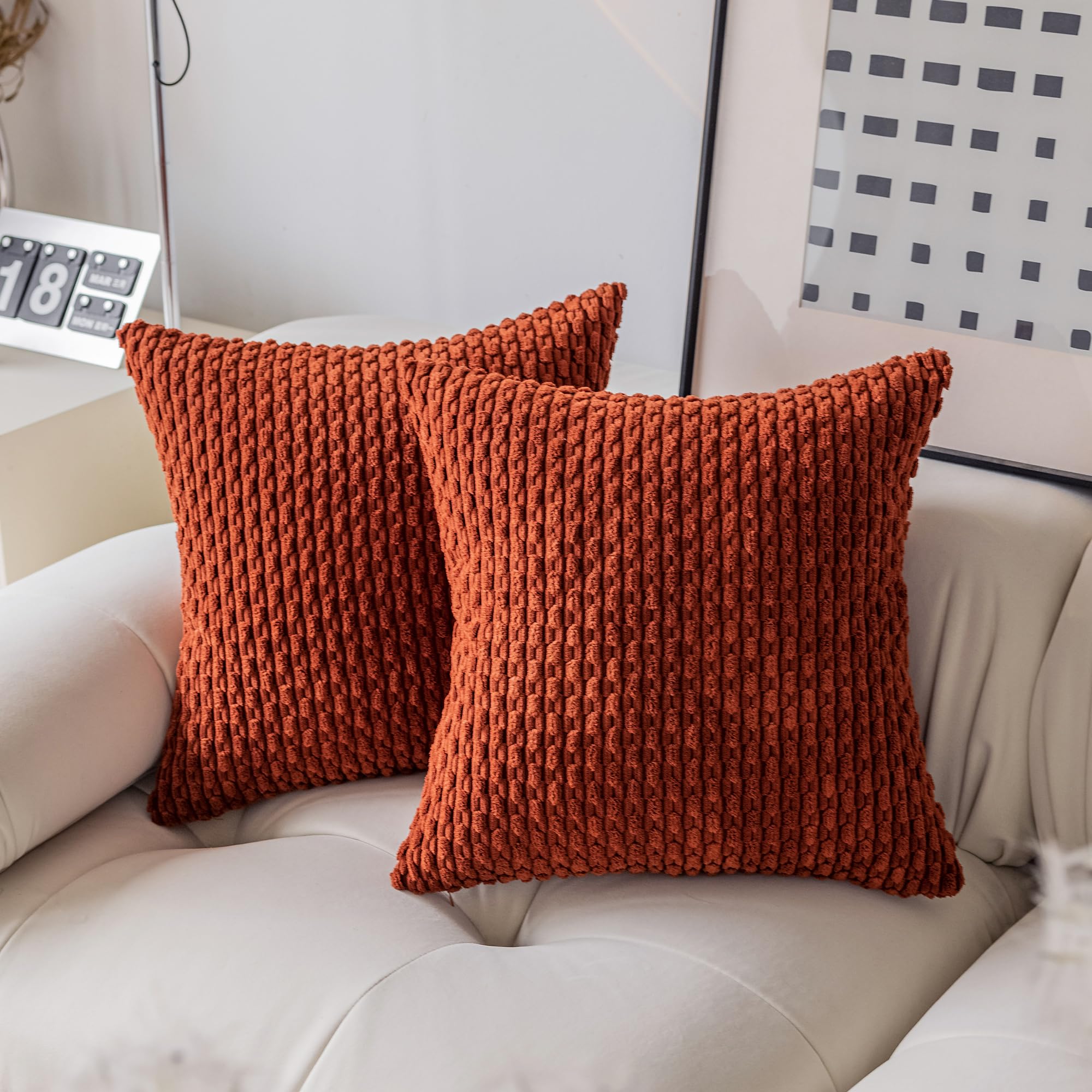 Kevin Textile Boho Cushion Covers 40 x 40 cm Set of 2 Soft Striped Corduroy Decorative Square Cushions Covers 16x16 Inch Pillowcases with Invisible Zipper for Chair Couch Sofa Bedroom, Burnt Brick — image 1