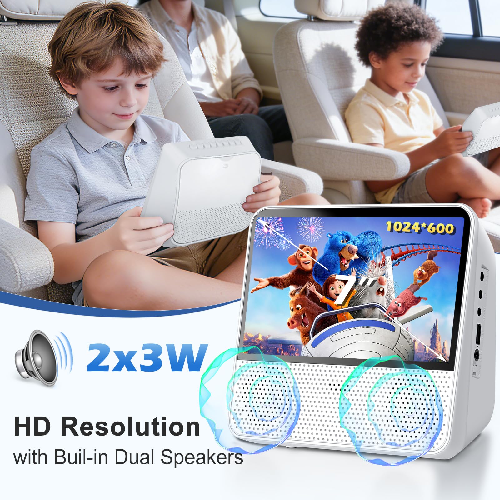 Lecteur DVD Portable Bluetooth 4000mAh Rechargeable Region Free pour Voiture avec Haut-parleurs Intégrés Double Compatible CD USB RCA Prise Casque