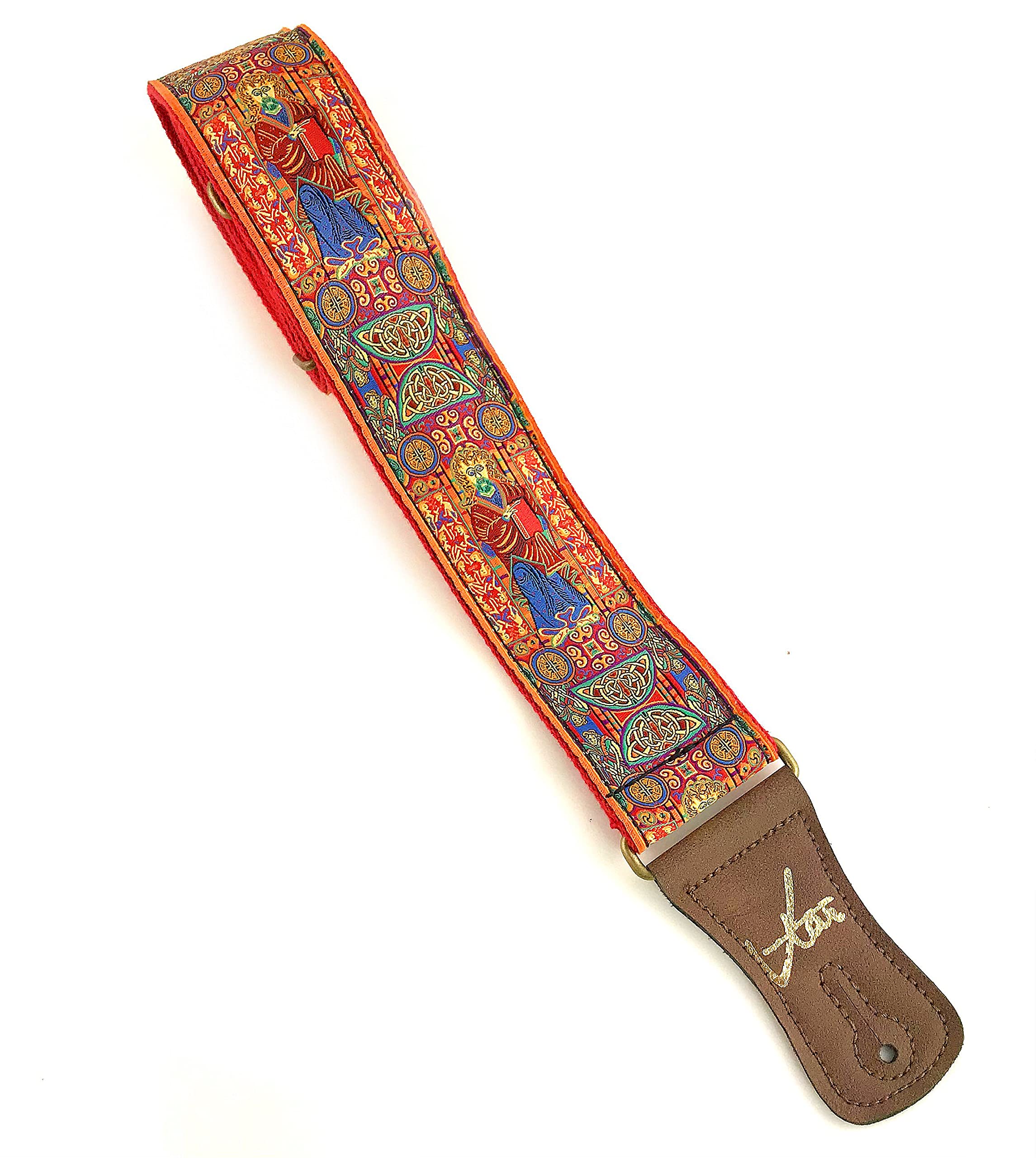 Vtar Red Handmade Irish Celtic Book Of Kells Hemp Guitar Strap, with Brass Details and Brown Vegan Leather. For Acoustic, Bass and Electric