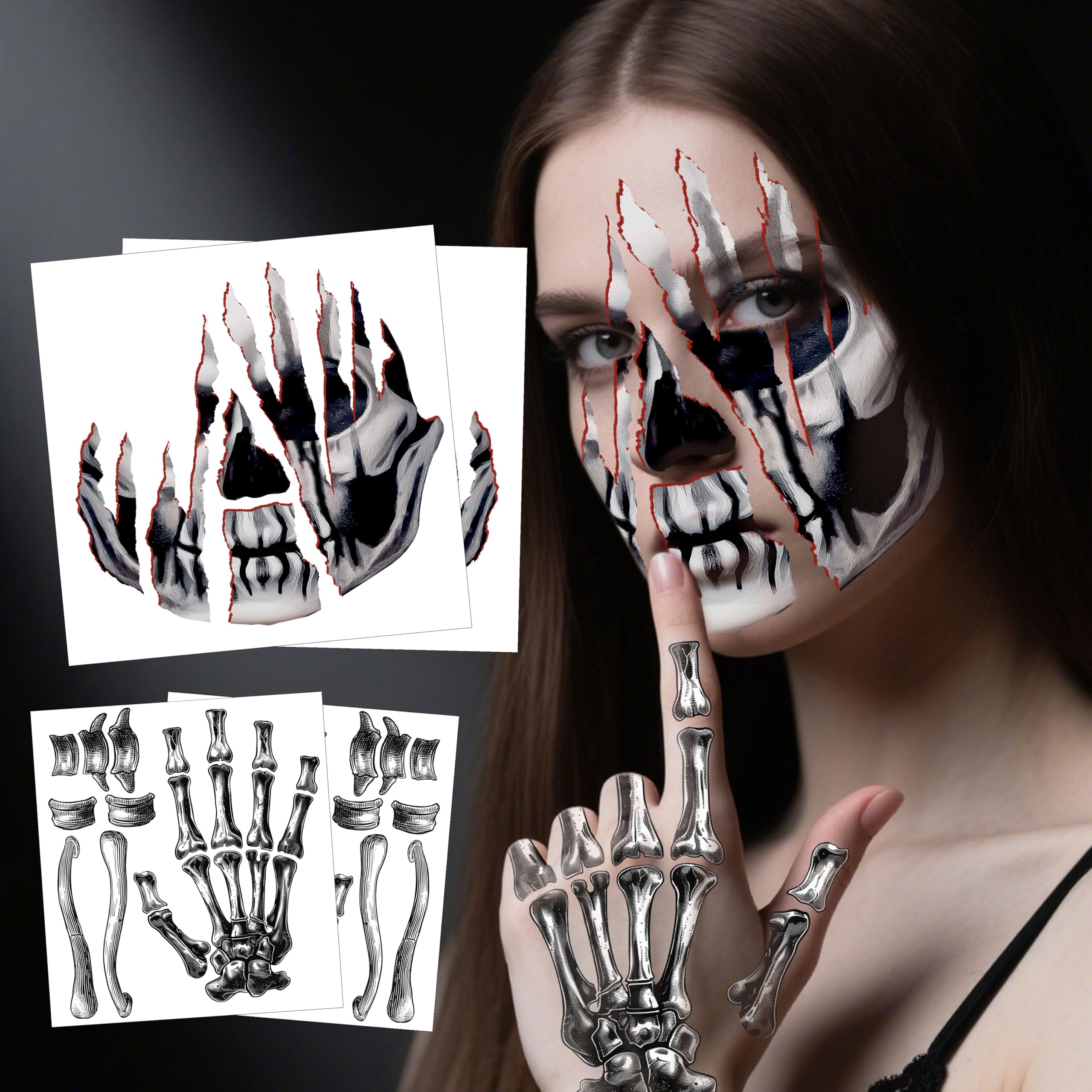 4 Sheets Halloween Tattoos, Horror Halloween Face Temporary Tattoos, Waterproof Fake Skeleton Zombie Face Tattoos Stickers Make Up Accessories for Carnival Makeup Halloween Masquerade
