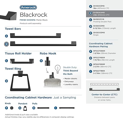 Miniatura 4 de Amerock BH36004MB  Toallero negro mate  Toallero de 24 pulgadas (24.016 in)  Blackrock  Toallero de baño  Accesorios de baño  Accesorios de baño
