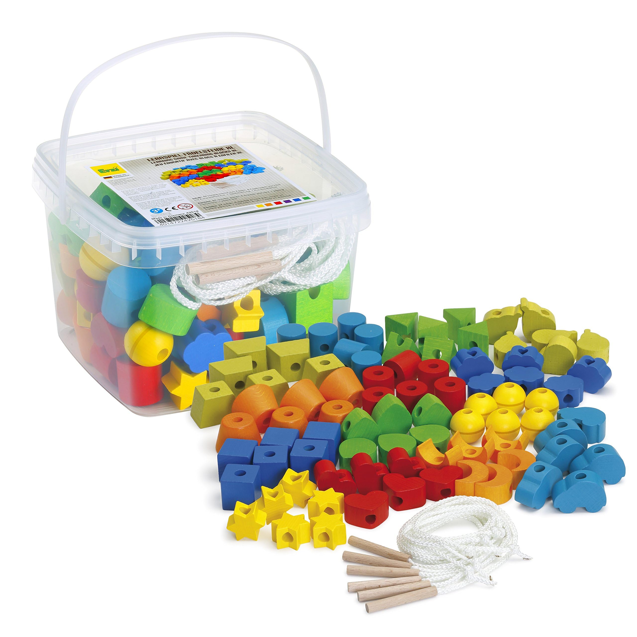 Erzi 42518 Lernspiel Fädelsteine aus Holz, für Kinder | Fördert Kreativität und Feinmotorik
