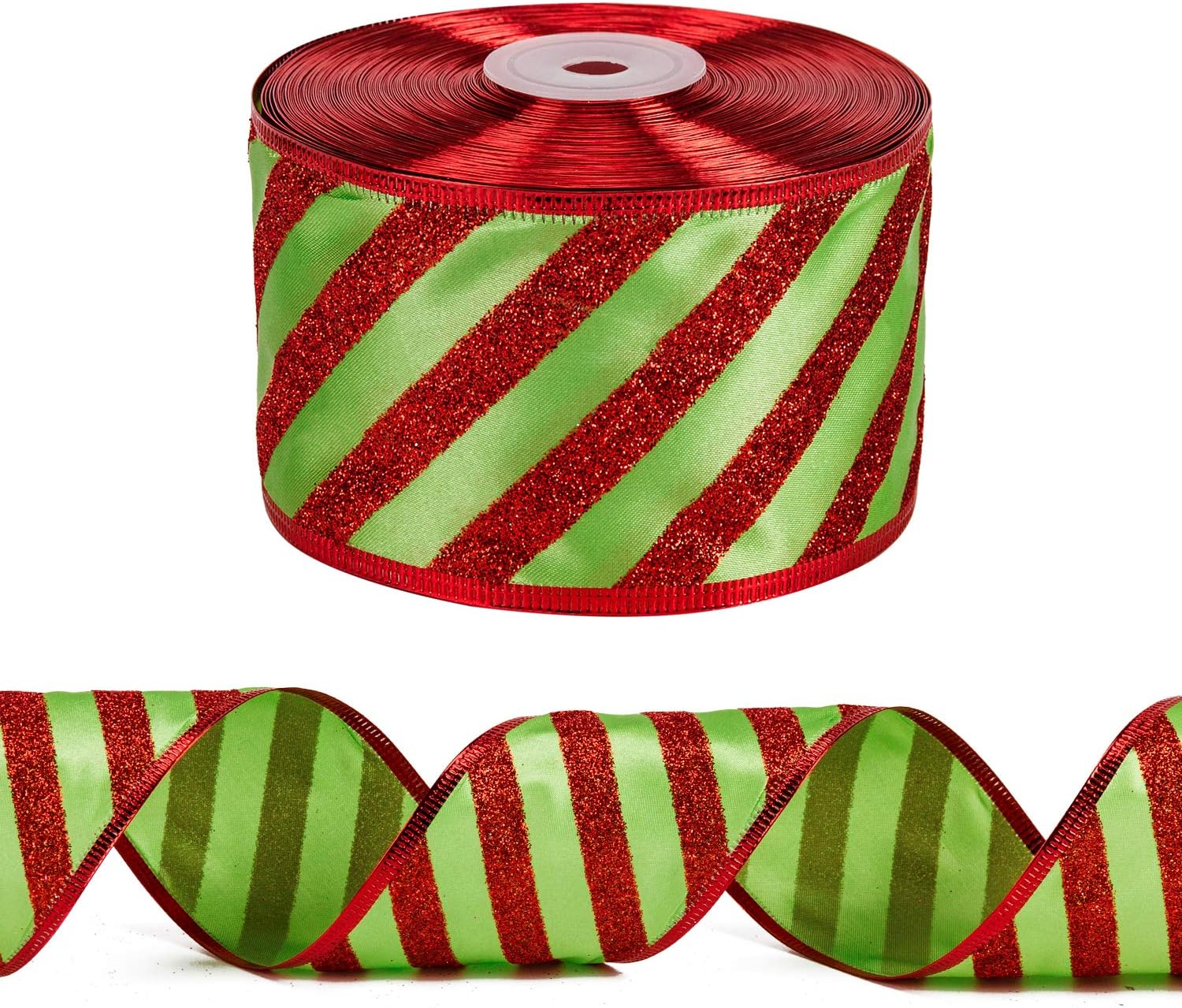 LaRibbons Wired Christmas Holiday Ribbon - Green with Red Glitter Stripe Ribbon - 2.5 inch x 25 Yard Each Roll - Red Wired Edge