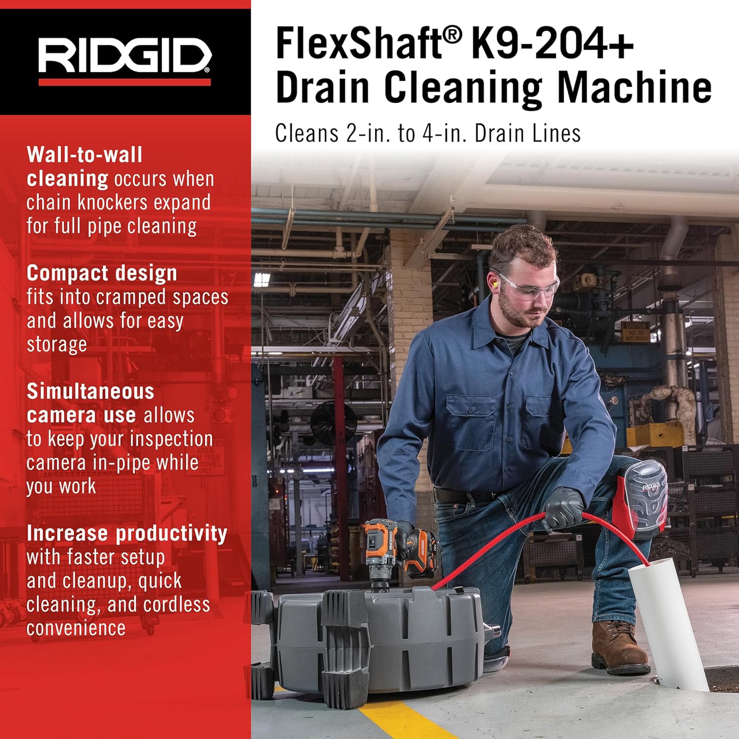 RIDGID 76198 FlexShaft K9-204+ Drain Cleaning Machine for 2" to 4" Pipe, Professional Wall-to-Wall Drain Cleaning Machine with 70' of 5/16" FlexShaft Cable