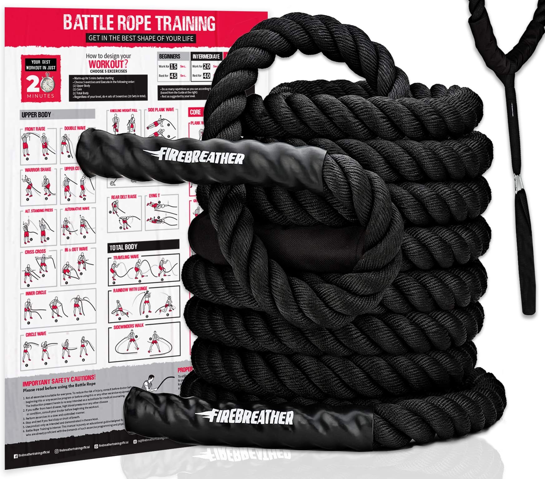 FireBreather Battle Exercise Workout Ropes with Anchor and Training Poster - Great Heavy Weighted Rope for Home Gym Fitness & Working Out - Poly Dacron Crossfit Ropes 30 40 50 Ft