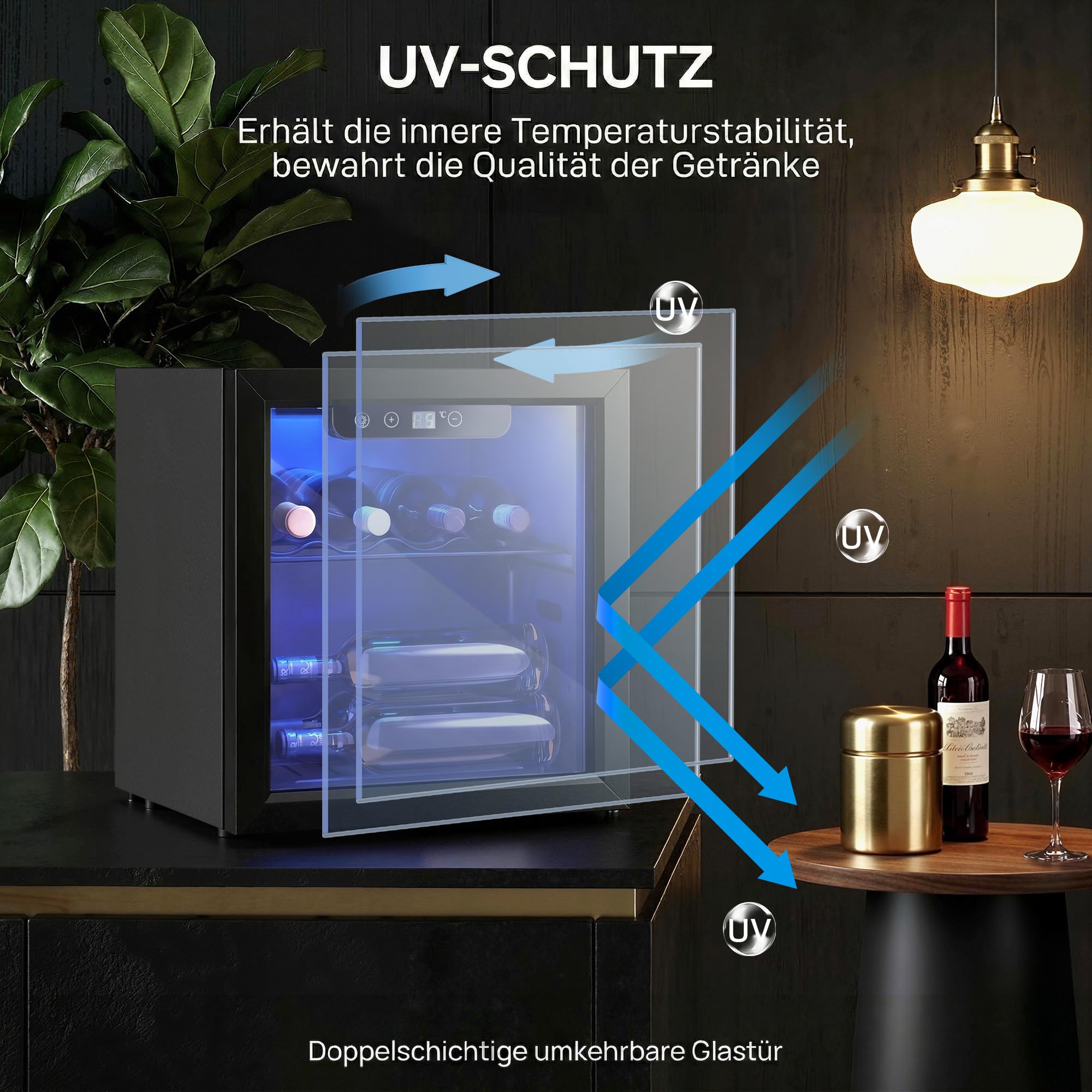 HOMCOM Weinkühlschrank 12 Flaschen 36 Liter Doppelglastür LED-Beleuchtung 4-16°C Schwarz