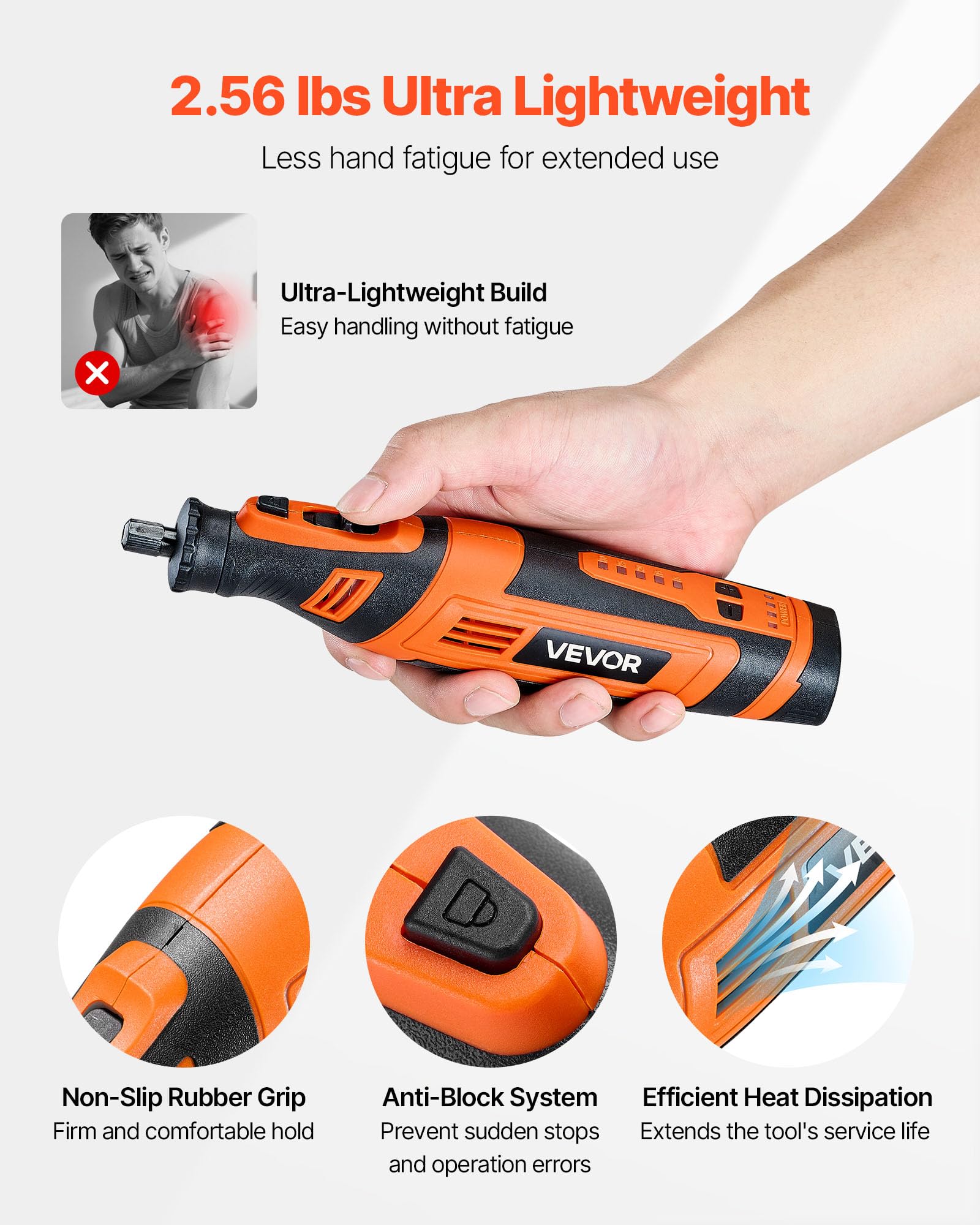 VEVOR Kit de Herramientas Rotativas Inalámbricas, 136 Piezas, Portátil, 8 V CC, 5 Velocidades de 5000-30 000 RPM, para Grabar, Lijar, Pulir, Tallar, Amolar, Cortar y Bricolaje, 225 x 50 x 50 mm