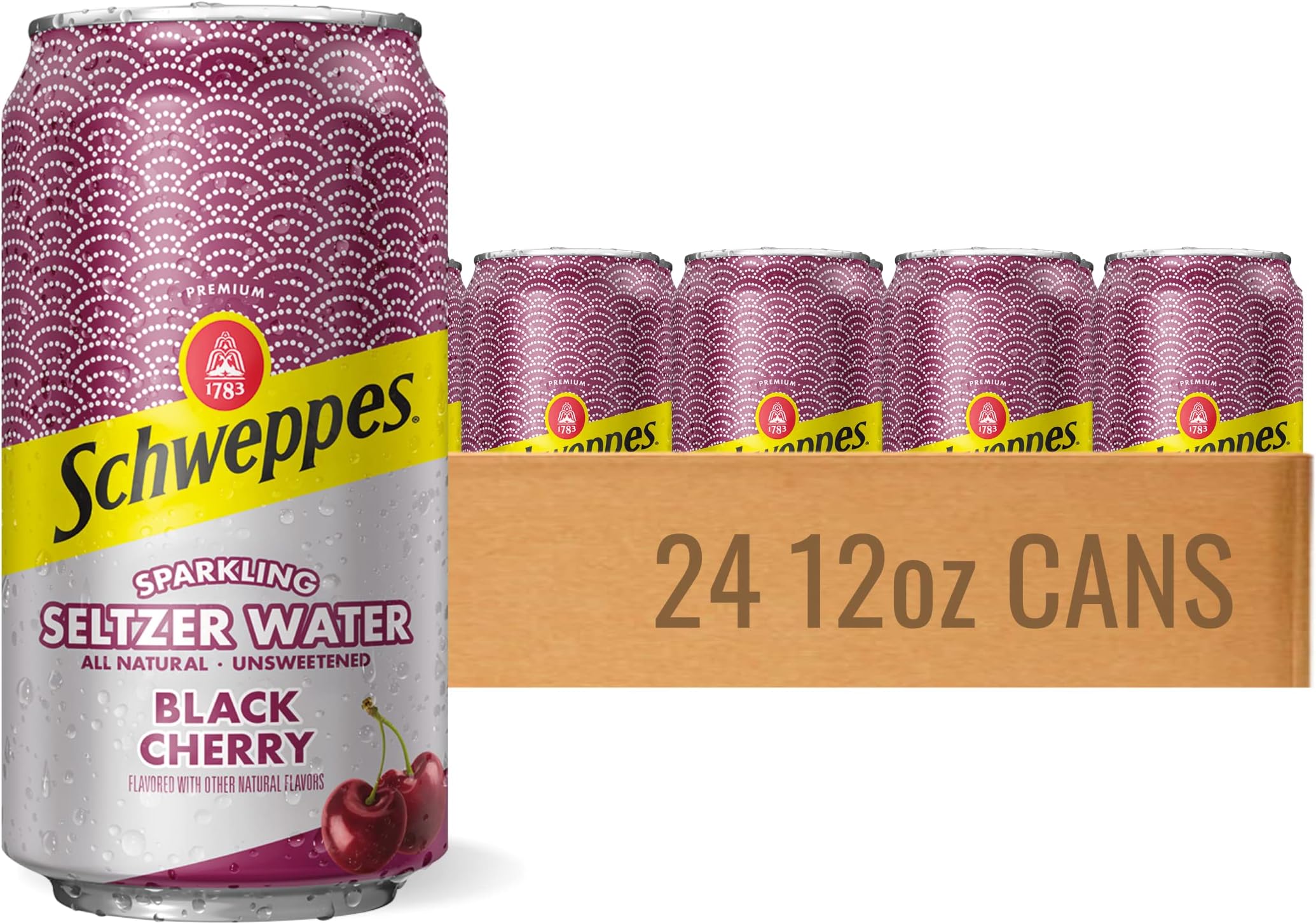 Schweppes Black Cherry Sparkling Seltzer Water - 24, 12oz cans - Refreshing and Crisp Black Cherry Flavor - Perfect Alone or Mixed - 24 Pack