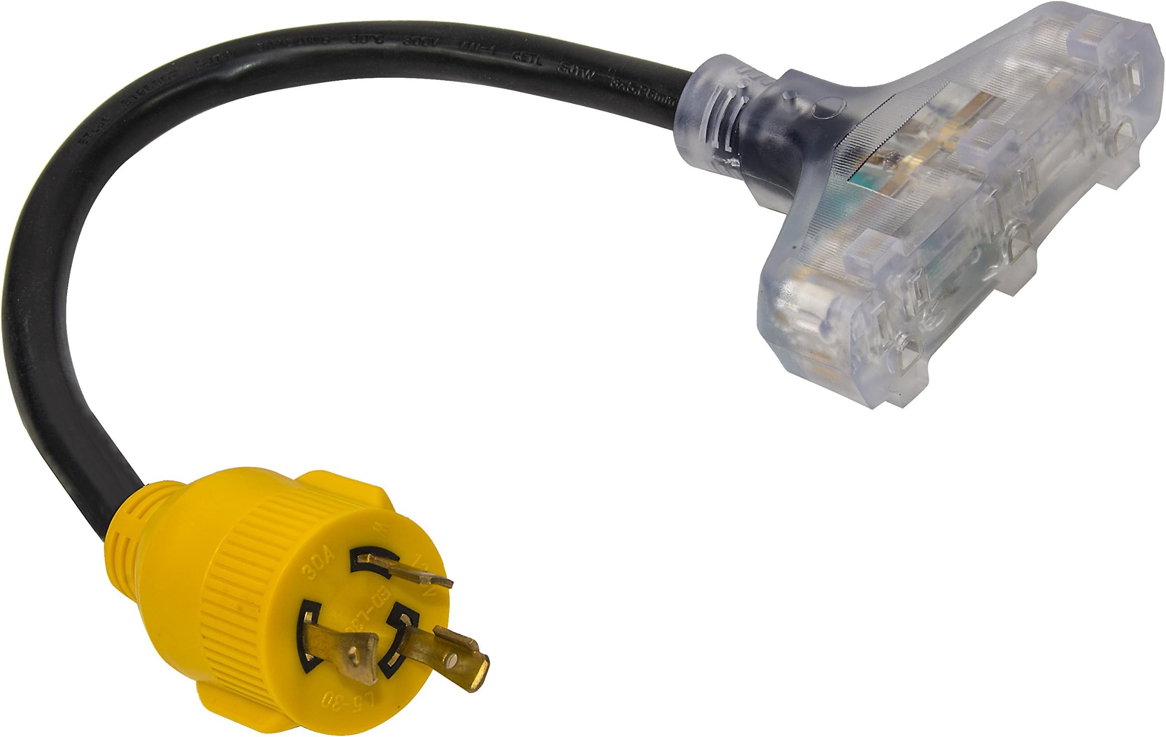 ALEKO GAC318 RV Trailer Generator Adapter 18 Inch Cord General 30A 3PIN Male to 15A Female SJTW 10/3 Triple Tap Cord with Lighted End Power Cord Adapter