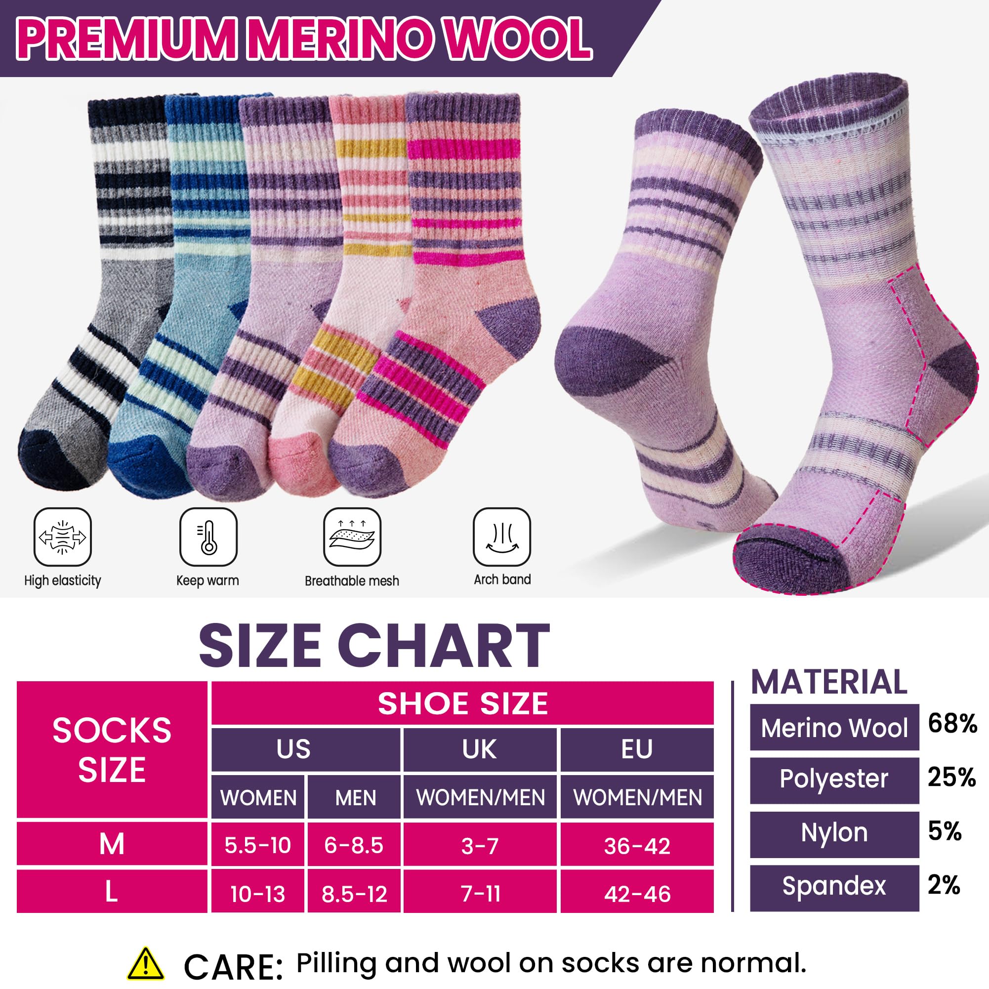 DoSmart Calcetines térmicos de lana merino para senderismo para mujeres y hombres, para invierno, cálidos, absorben la humedad, para botas de trabajo, calcetines de regalo, 5 pares