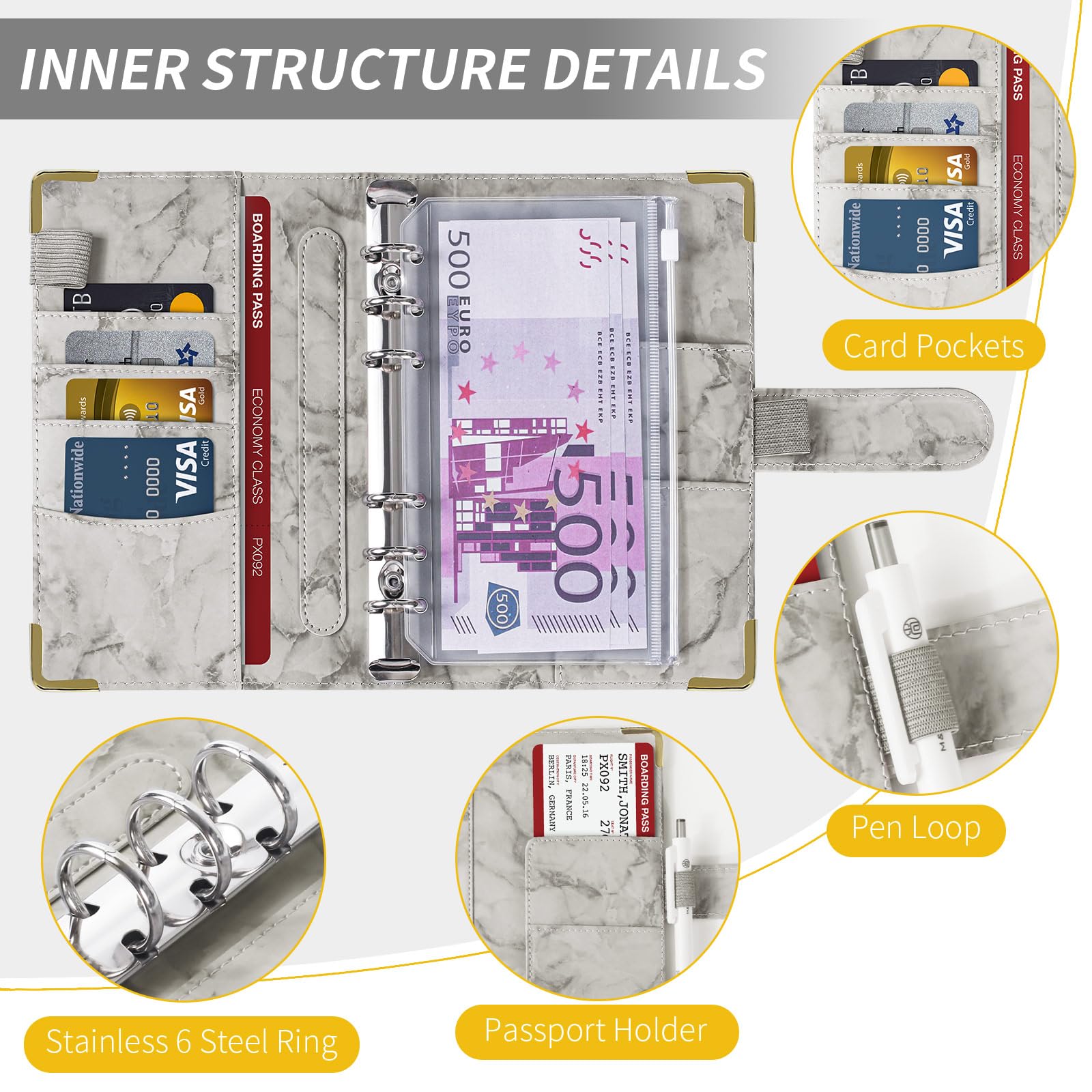 Classeur Budget A6 PU Cuir Carnet avec Pochette Dépenses Organisateur Gris