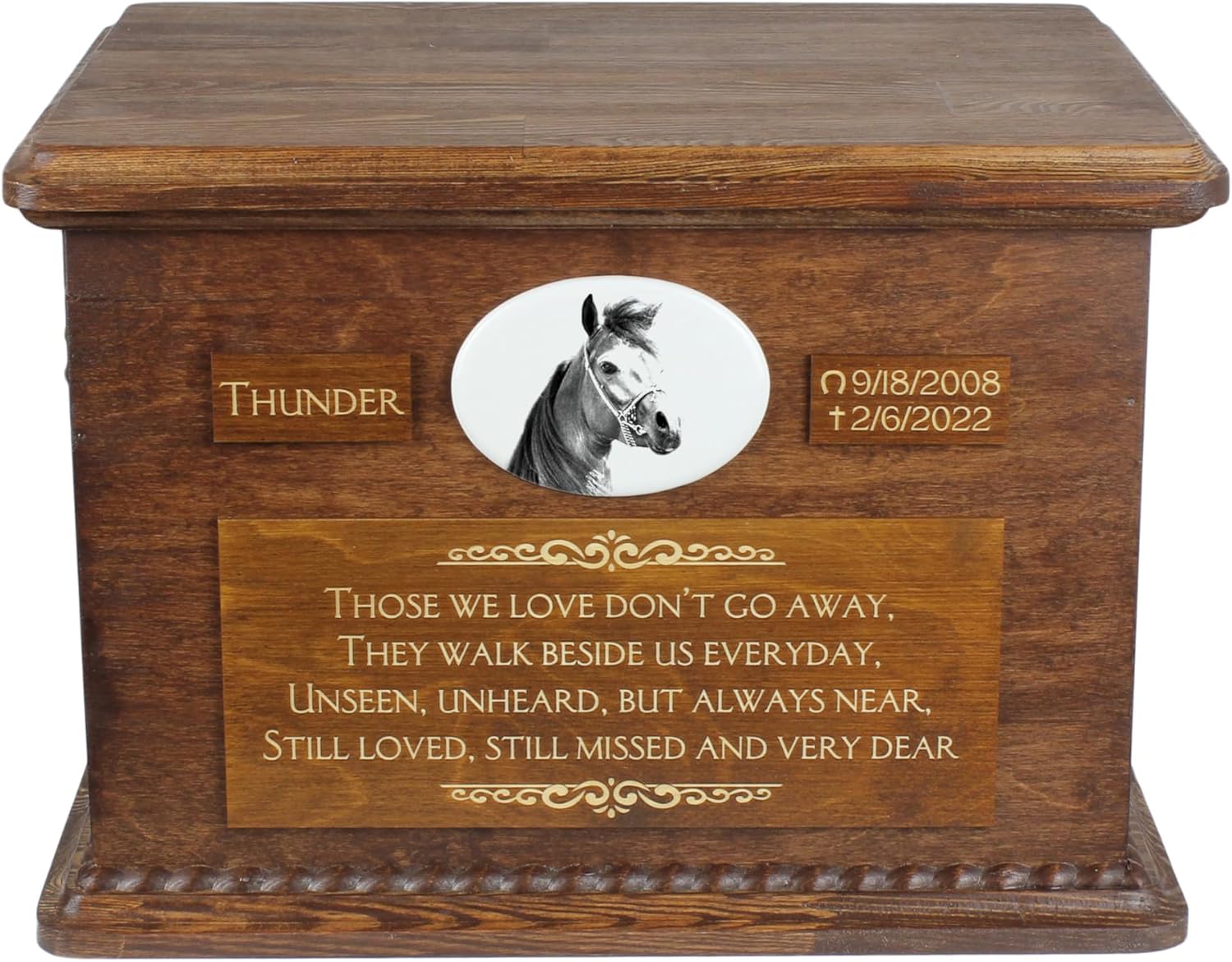 Art-Dog Big Urn for Horse Ashes - Handmade Memorial with Photo - Personalized Custom Horse Urn with Brass Handles and Ceramic Plaque - 15.7x11.8x11” – Arab Horse