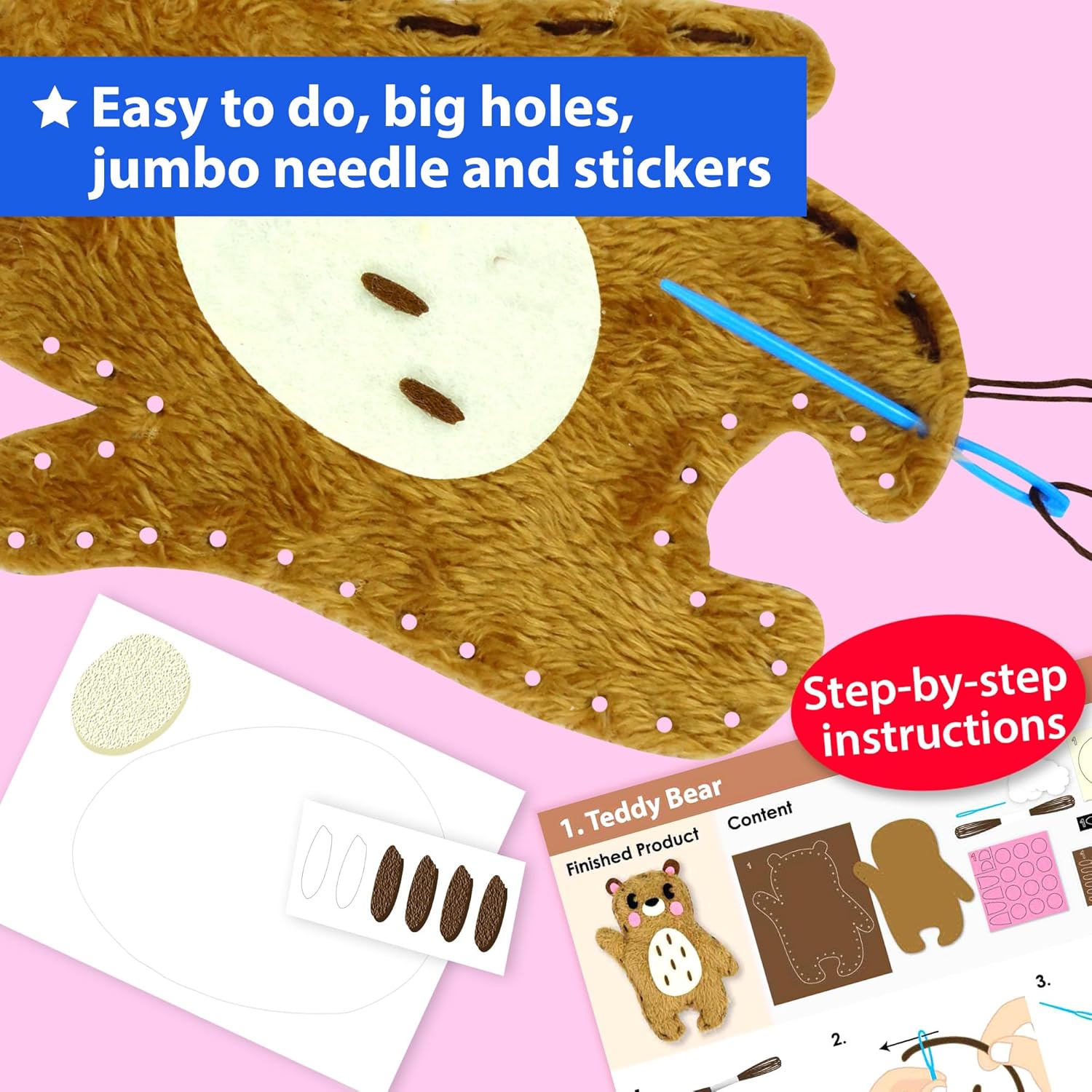 KRAFUN Easy Sewing Kit for Beginner Kids Arts & Crafts, 8 DIY Projects of Stuffed Dolls of Woodland Animals, Bear, Bunny, Fox, Owl, Instructions & Felt, Gift for Girls, Boys, Learn to Sew