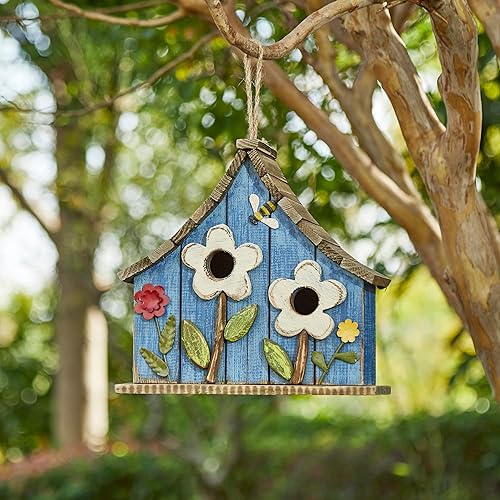 Miniatura 12 de Glitzhome Casas para pájaros para exteriores, casa de pájaros de madera maciza envejecida de gran tamaño de 15 pulgadas de largo con flores 3D