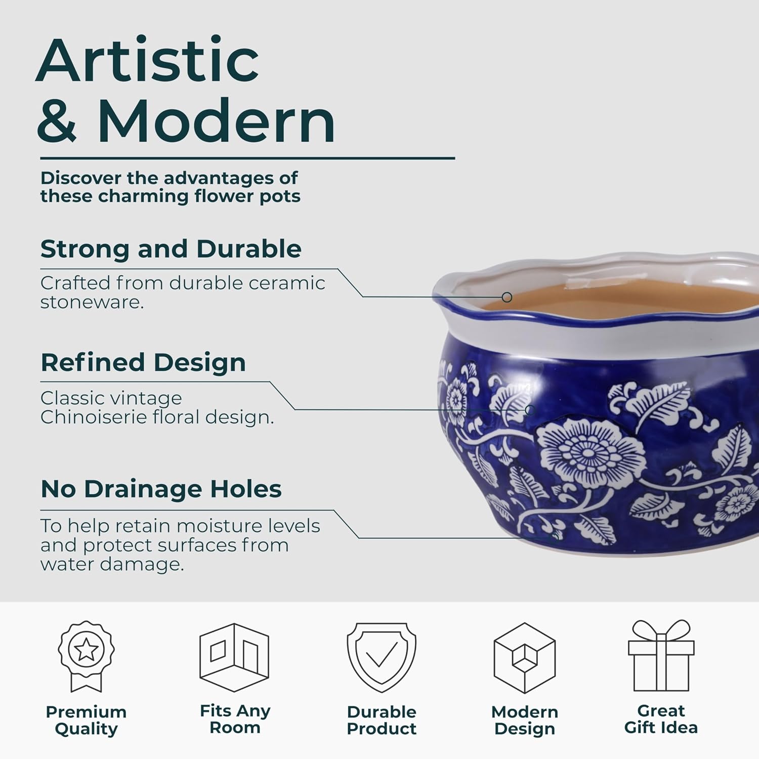 Ceramic Pots for Plants Set – Versatile Pots for Plants Indoor or Outdoor, Patio, Garden, or Entryway Planters, Blue Patterned Home Decor Design Adds Sculpted Focal Point – 10" & 12", Blue and White image 5