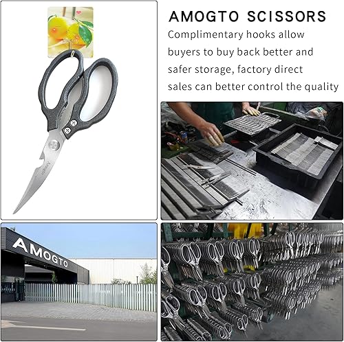 Miniatura 6 de Amogto Tijeras de cocina, tijeras de cocina multiusos, tijeras de alimentos de acero inoxidable afiladas resistentes, accesorios de cocina, tijeras