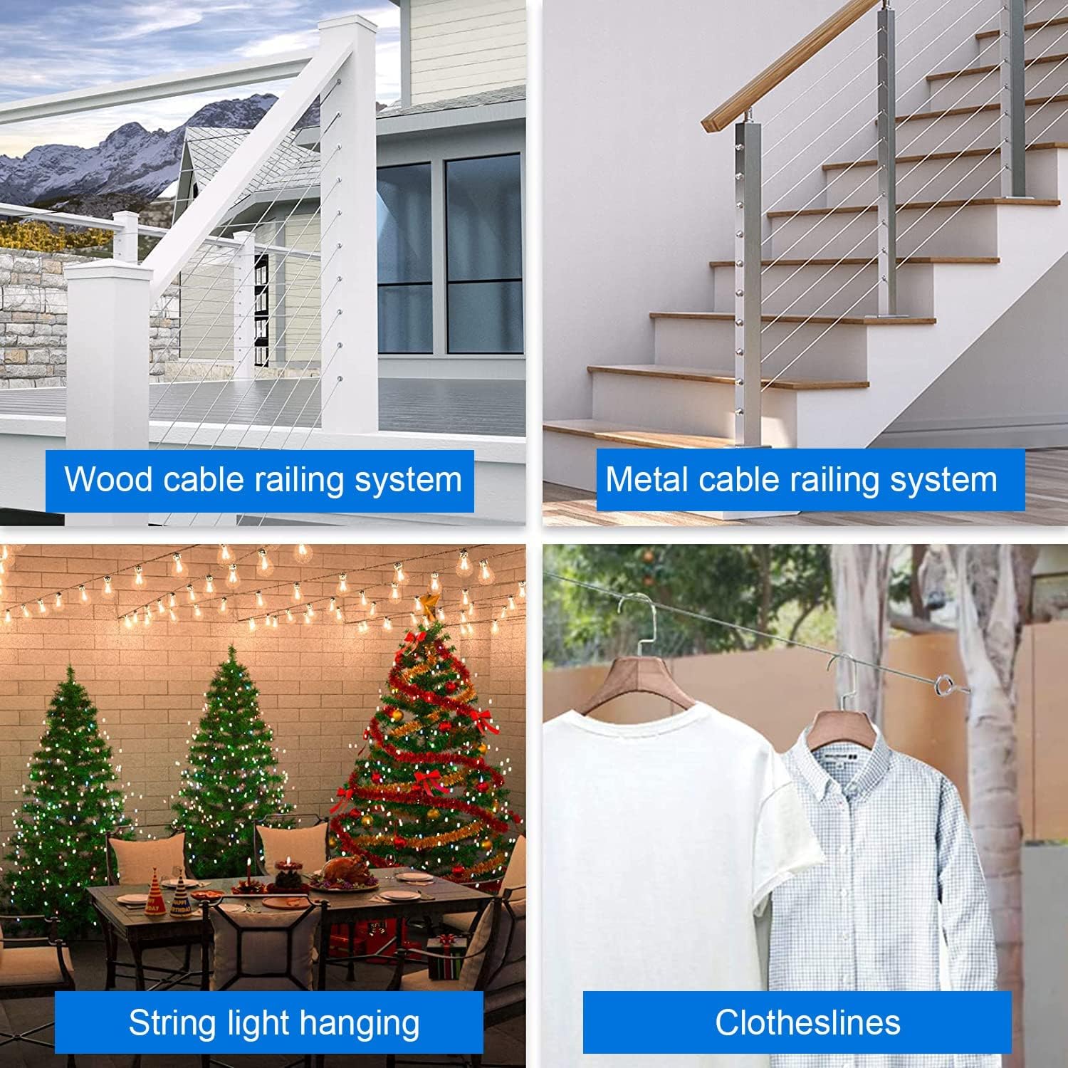 Stainless Steel Wire Rope 3.3ft 16.4ft 30ft 50ft 100ft 200ft 300ft Extra Long, Indoor Outdoor Heavy Duty Cable Wire Rope for DIY Balustrade, 1/8" Diameter(15M/49.2ft)