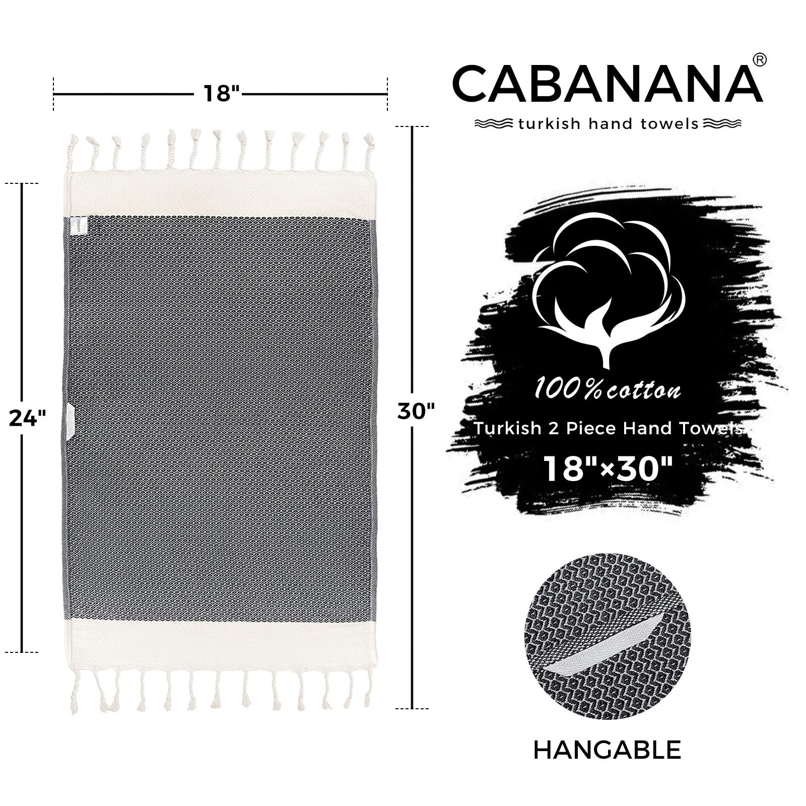 cabanana Juego de 2 toallas de mano turcas de algodón, 40.6 x 101.6 cm, toallas de mano para baño, toallas de cocina bohemias, toalla de baño decorativa fina (negro nuevo)
