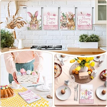 Hosuly 6 Pcs Easter Kitchen Towels Bunny Hand Tea Towels Lovely Bunny Egg Dish Towel Absorbent Reusable Washable Polyester Drying Dishcloths for Spring Farmhouse Cooking Accessories, 24 x 16 Inch